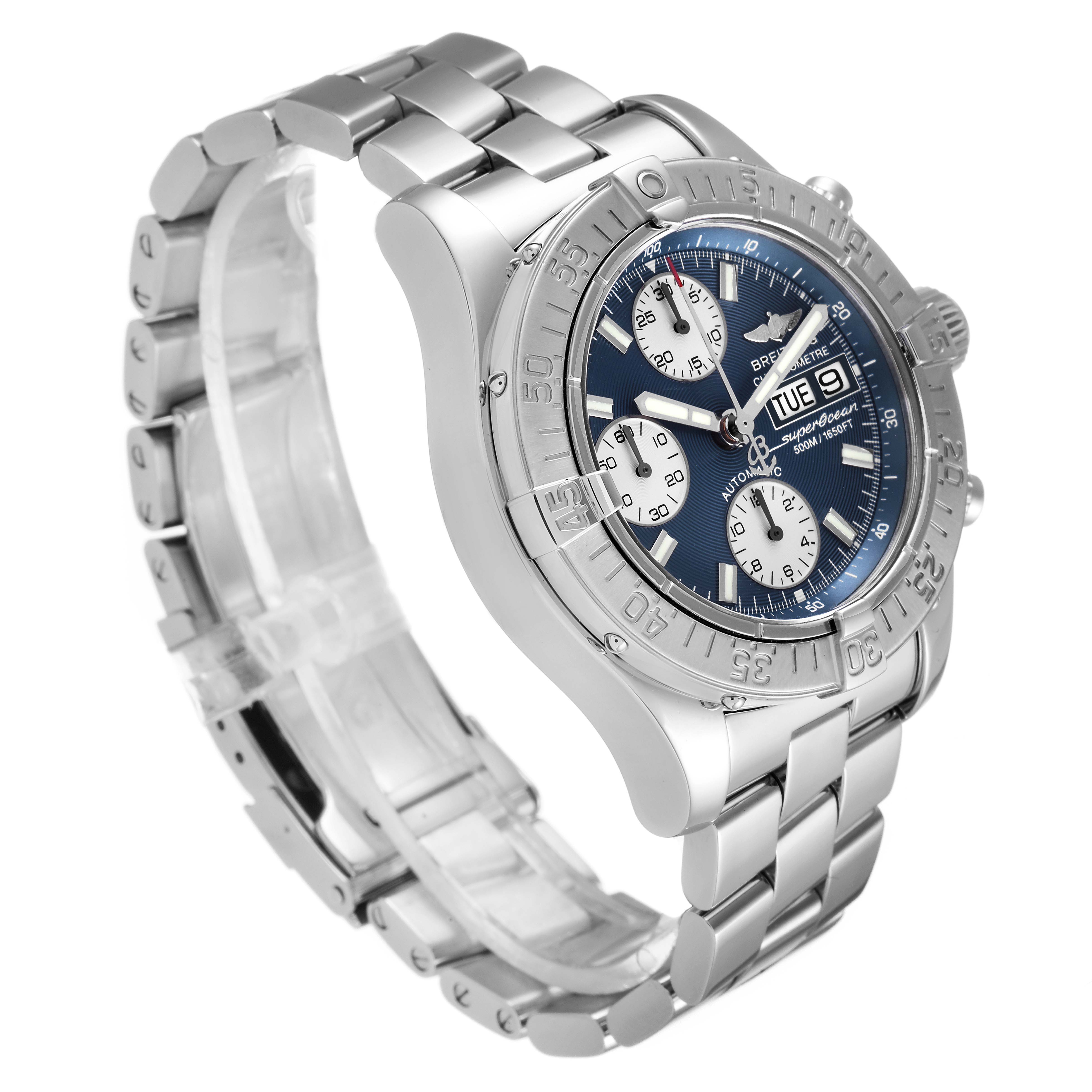 The Breitling Superocean A13340 Men's Stainless Steel Blue Dial A13340 Men's Stainless Steel Blue Dial watch is shown at a three-quarter angle, highlighting its stainless steel bracelet and blue dial.