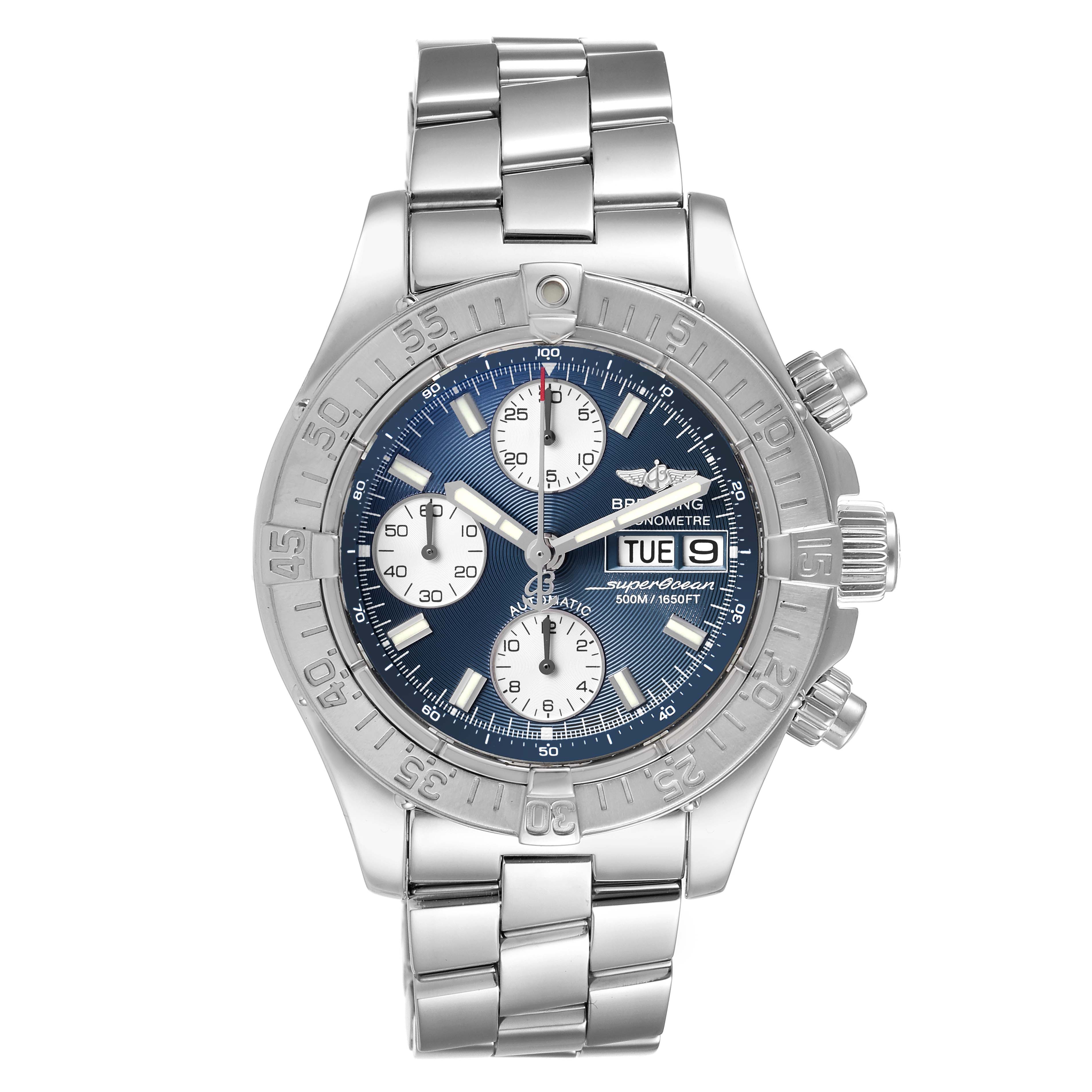 The image shows a front view of the Breitling Superocean A13340 Men's Stainless Steel Blue Dial A13340 Men's Stainless Steel Blue Dial watch, displaying its dial, bezel, and stainless steel bracelet.