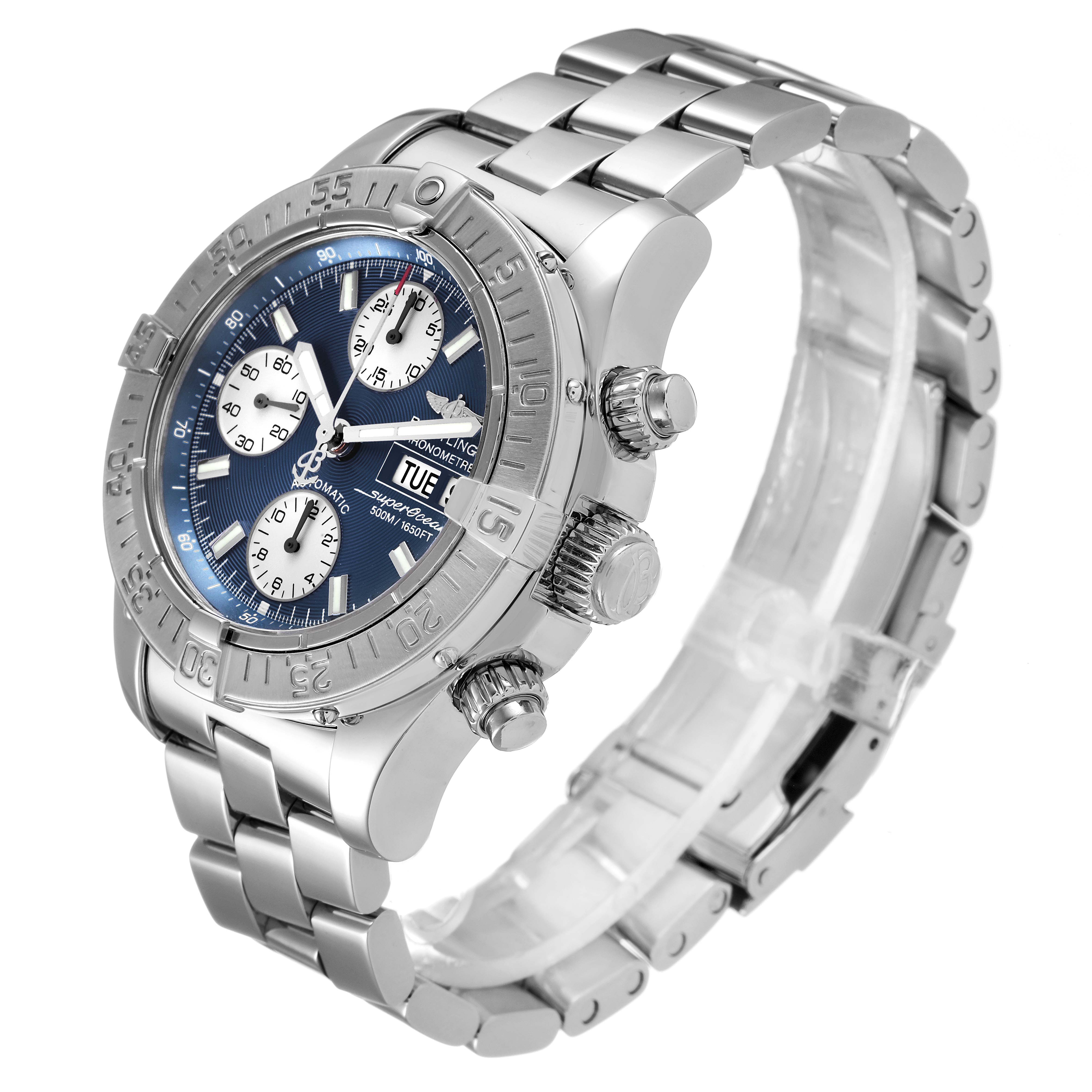 The image shows a Breitling Superocean A13340 Men's Stainless Steel Blue Dial A13340 Men's Stainless Steel Blue Dial model from an angled perspective, highlighting the dial, bezel, and bracelet.