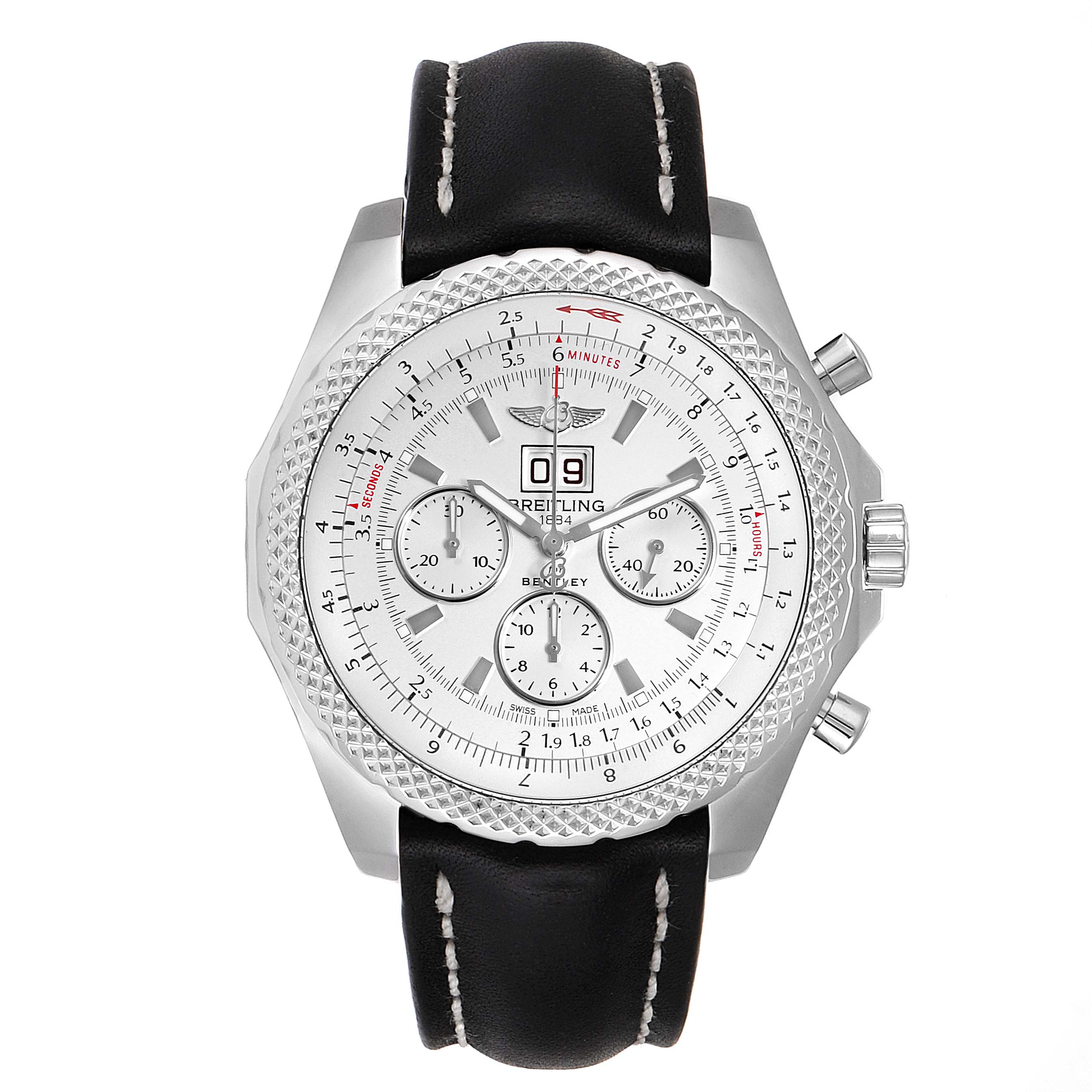 The image shows a front view of a Breitling Bentley A44364 Men's Stainless Steel Silver Dial A44364 Men's Stainless Steel Silver Dial model watch with a black leather strap and a silver dial.