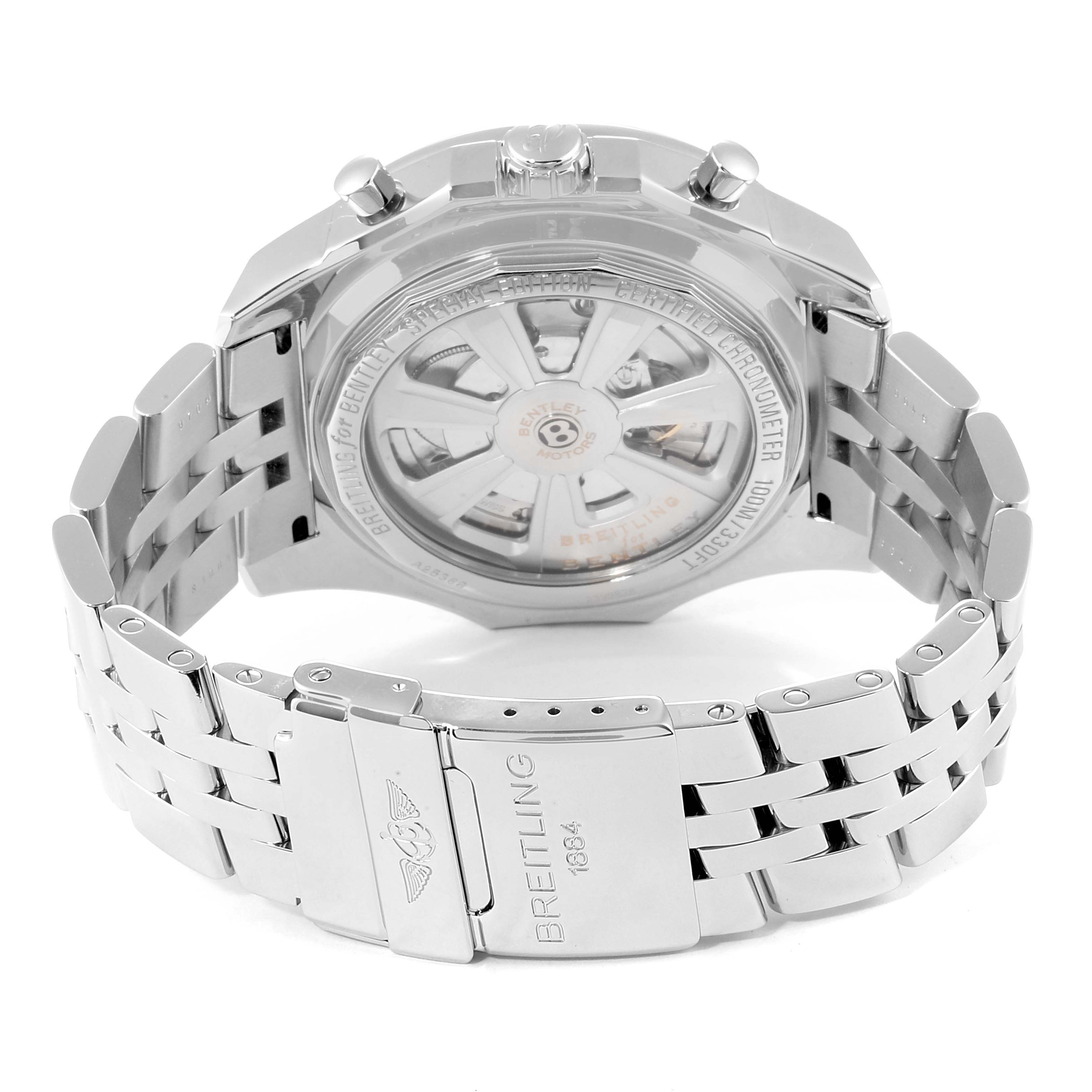 The image shows the back and bracelet of a Breitling Bentley A25368 Men's Stainless Steel Black Dial A25368 Men's Stainless Steel Black Dial watch, highlighting its clasp and transparent case back.