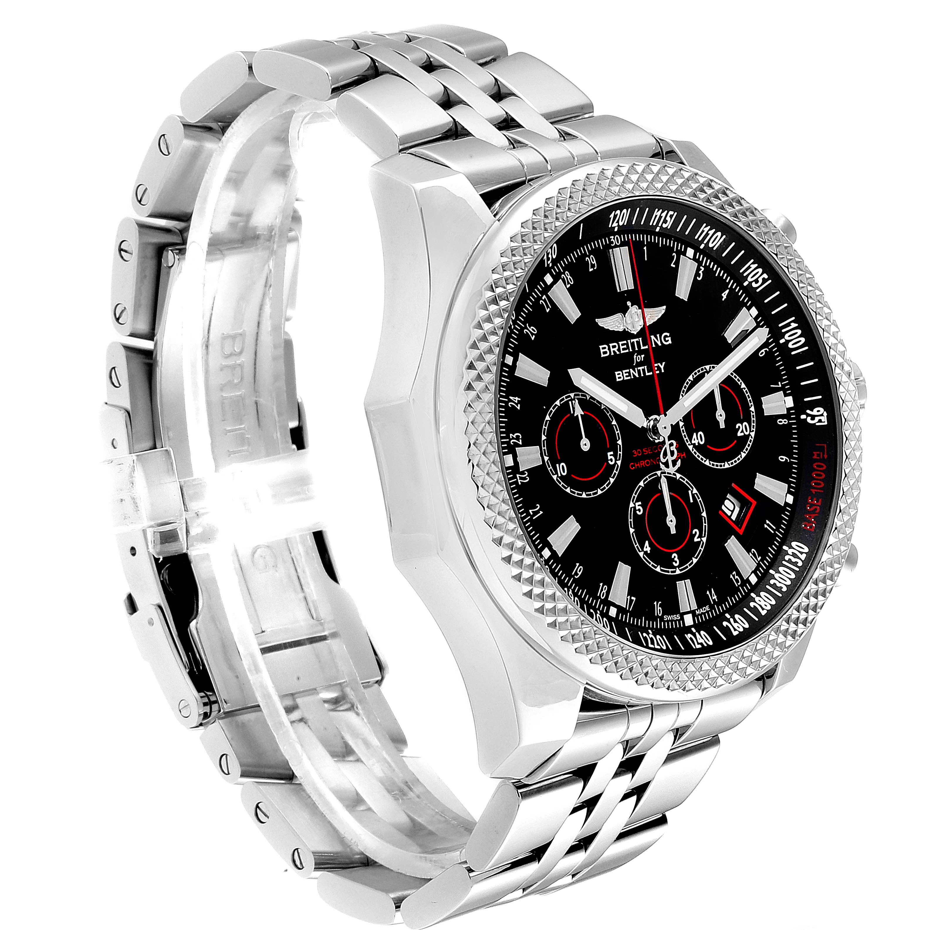 This image shows a side/front angle of a Breitling Bentley A25368 Men's Stainless Steel Black Dial A25368 Men's Stainless Steel Black Dial watch, highlighting its face, bezel, and metal bracelet.