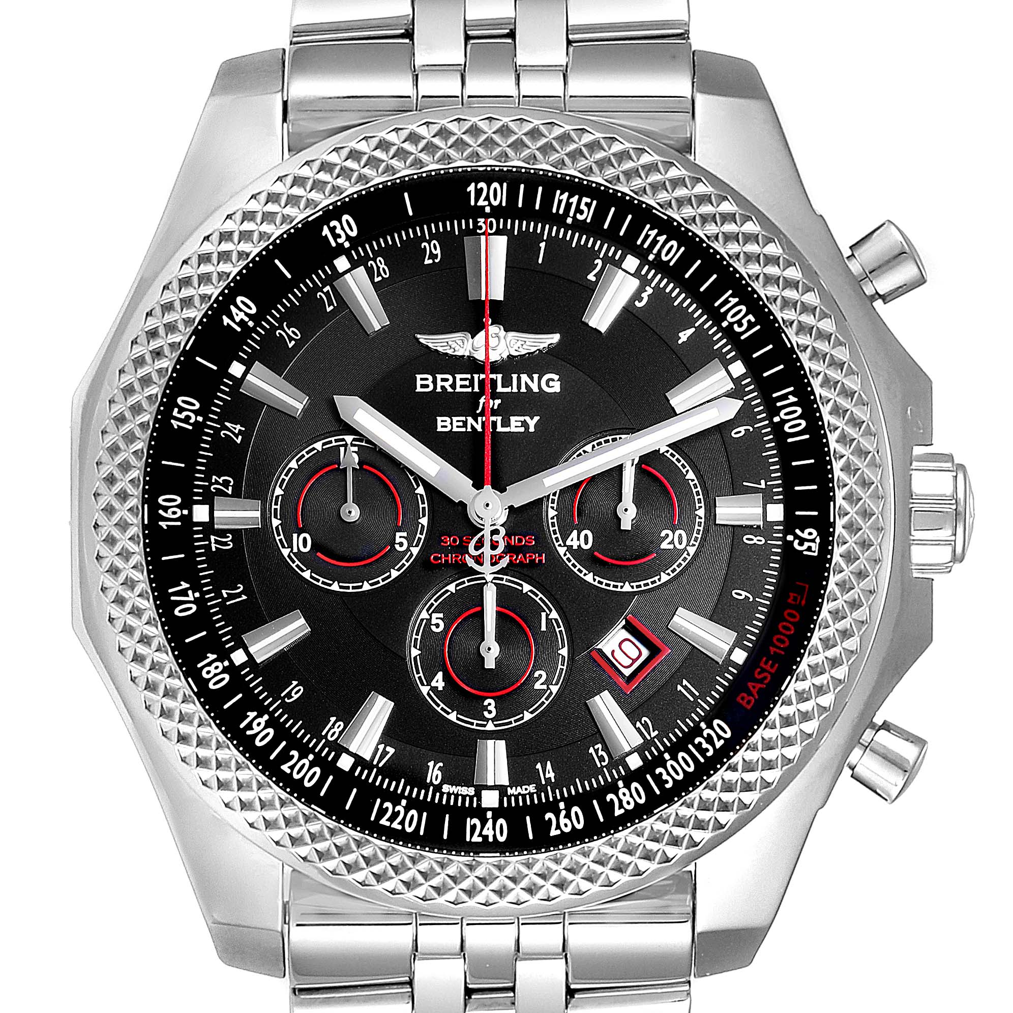 The image shows a Breitling Bentley A25368 Men's Stainless Steel Black Dial A25368 Men's Stainless Steel Black Dial model watch from a frontal angle, highlighting its black dial, chronograph subdials, and stainless steel bracelet.