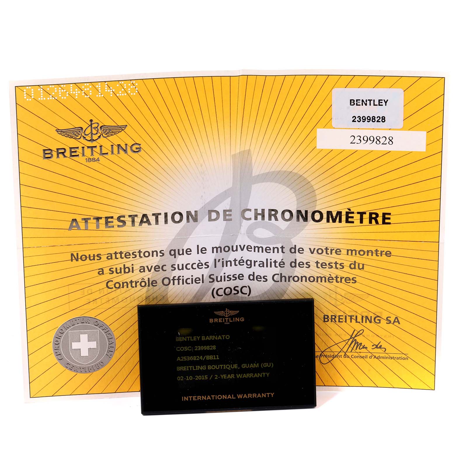 The image shows the certification and warranty card for a Breitling Bentley A25368 Men's Stainless Steel Black Dial A25368 Men's Stainless Steel Black Dial watch, not the watch itself.