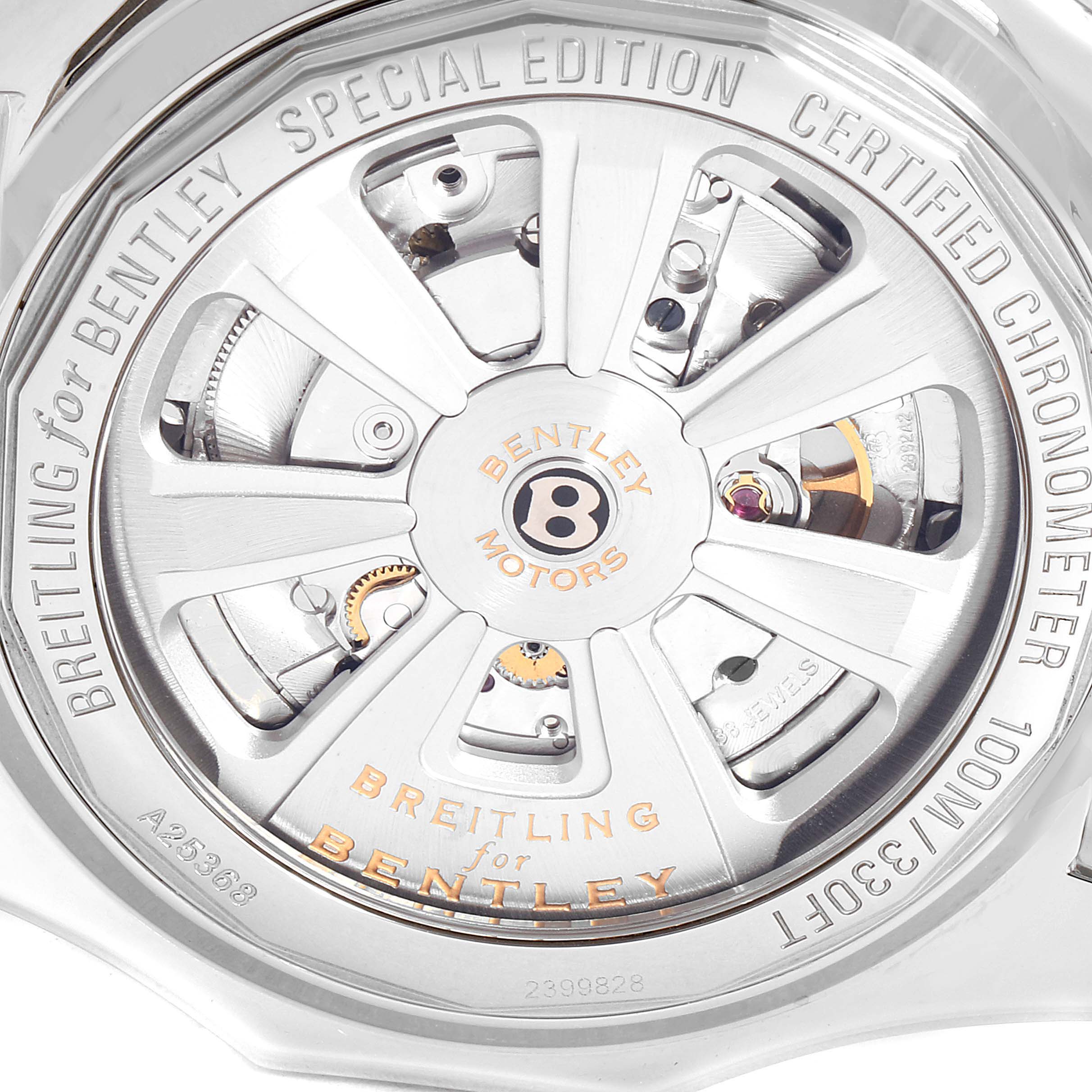 This image shows the back of the Breitling for Bentley watch, highlighting its special edition engravings and internal components.