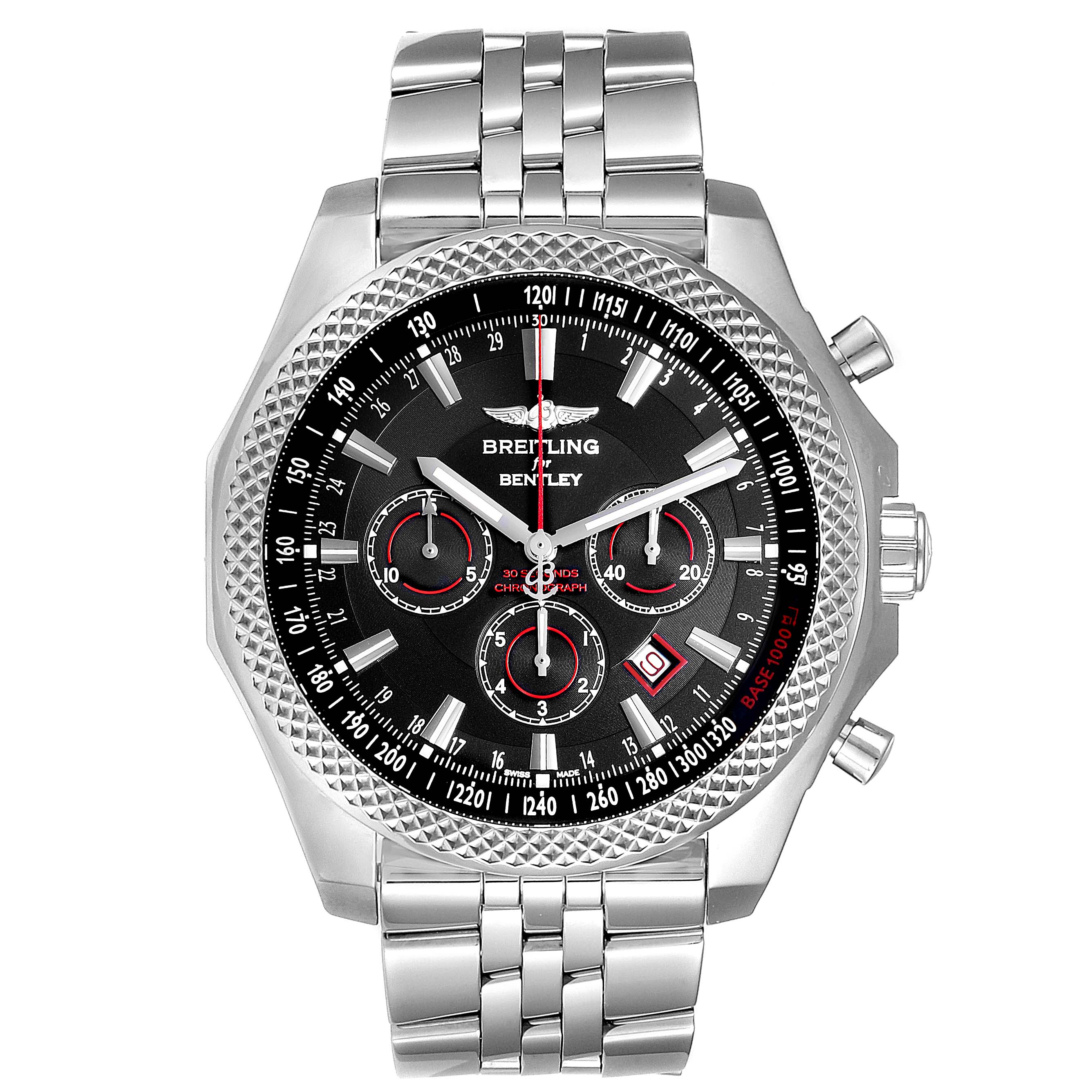 This image shows a front-angle view of a Bentley model watch by Breitling, highlighting the face, bezel, crown, and bracelet.