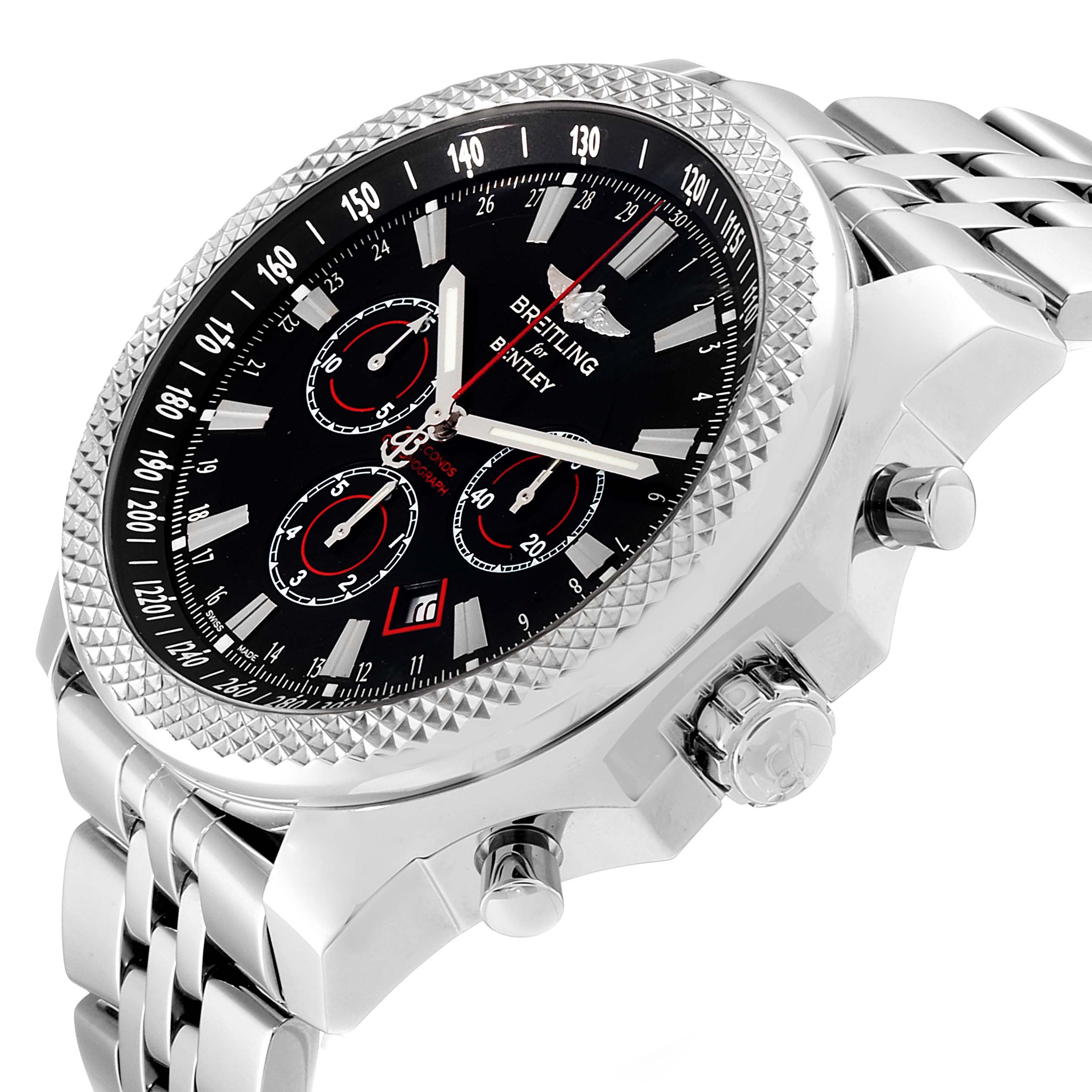 The image shows a side-angle view of the Breitling Bentley A25368 Men's Stainless Steel Black Dial A25368 Men's Stainless Steel Black Dial watch, highlighting the bezel, dial, subdials, and bracelet.