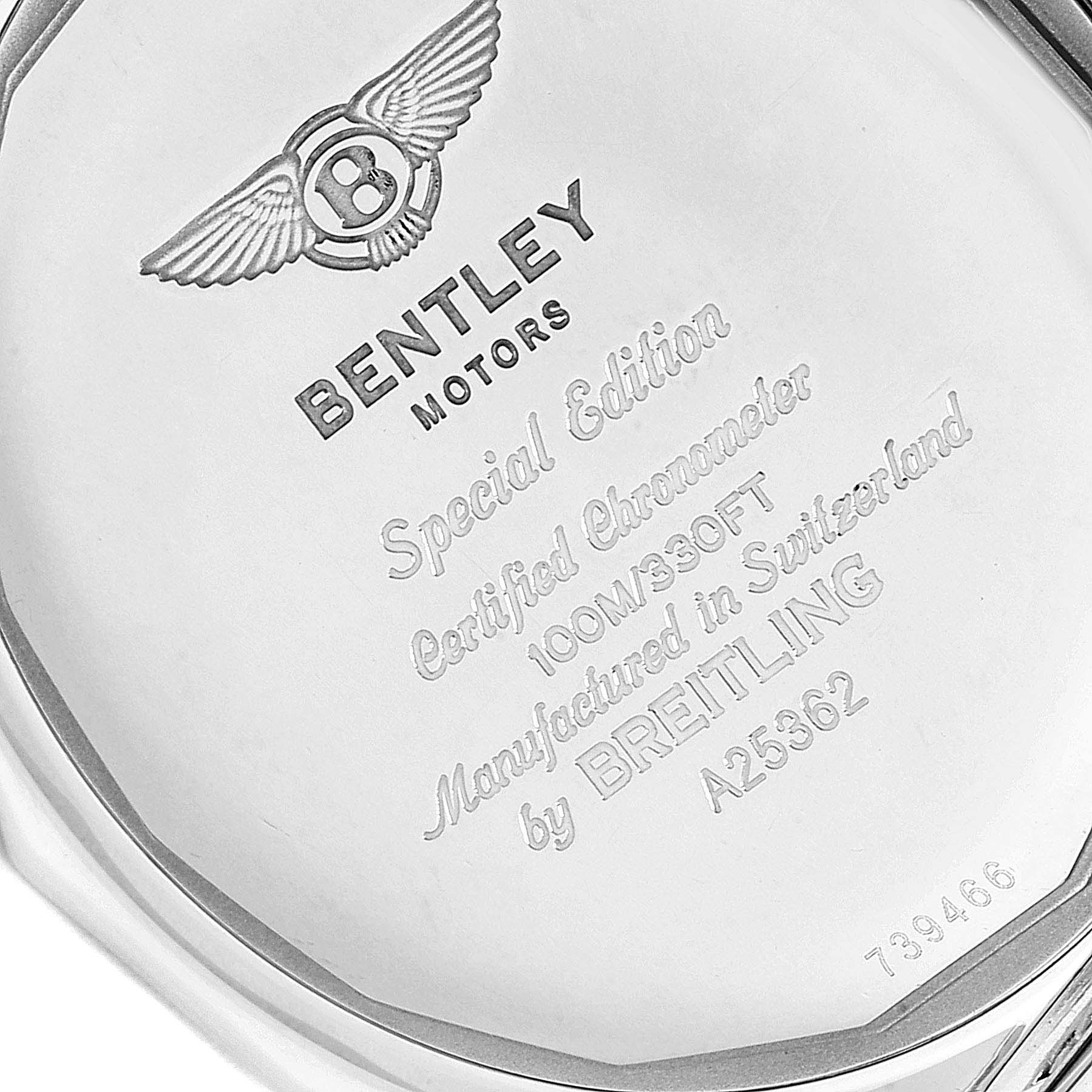 The image shows the back case of the Breitling Bentley A25362 Men's Stainless Steel Brown Dial A25362 Men's Stainless Steel Brown Dial watch model, showcasing its engravings and specifications.
