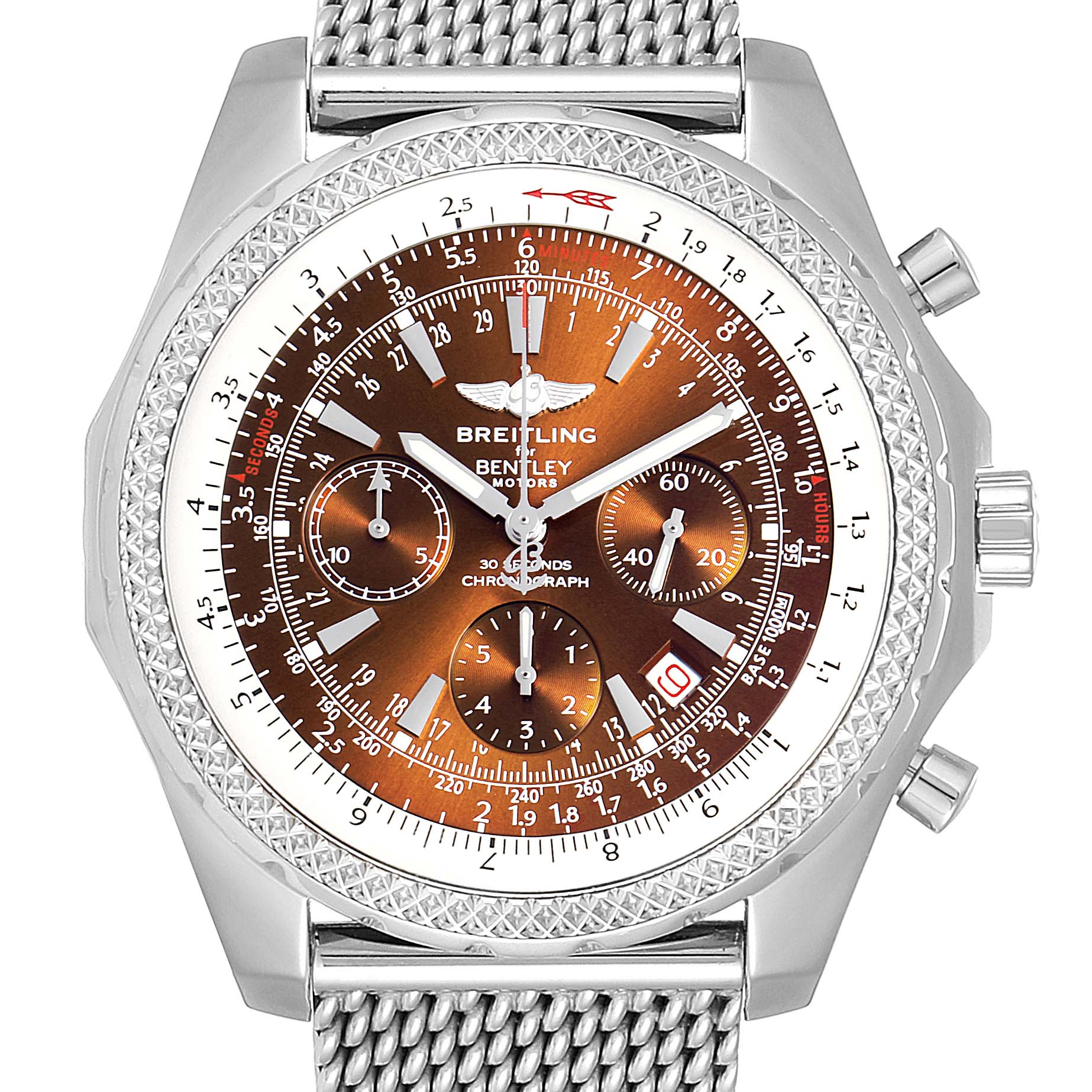 This Breitling Bentley A25362 Men's Stainless Steel Brown Dial A25362 Men's Stainless Steel Brown Dial watch is shown from the front, displaying the dial, chronograph sub-dials, bezel, and part of the strap.