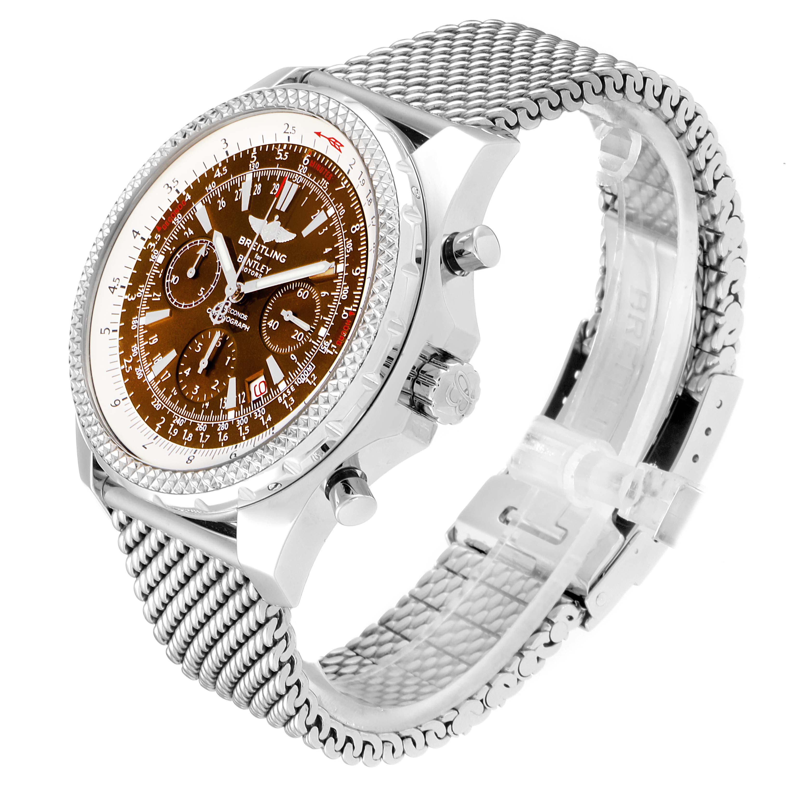 The image shows a Breitling Bentley A25362 Men's Stainless Steel Brown Dial A25362 Men's Stainless Steel Brown Dial watch at an oblique angle, displaying its face, bezel, crown, pushers, and mesh bracelet.