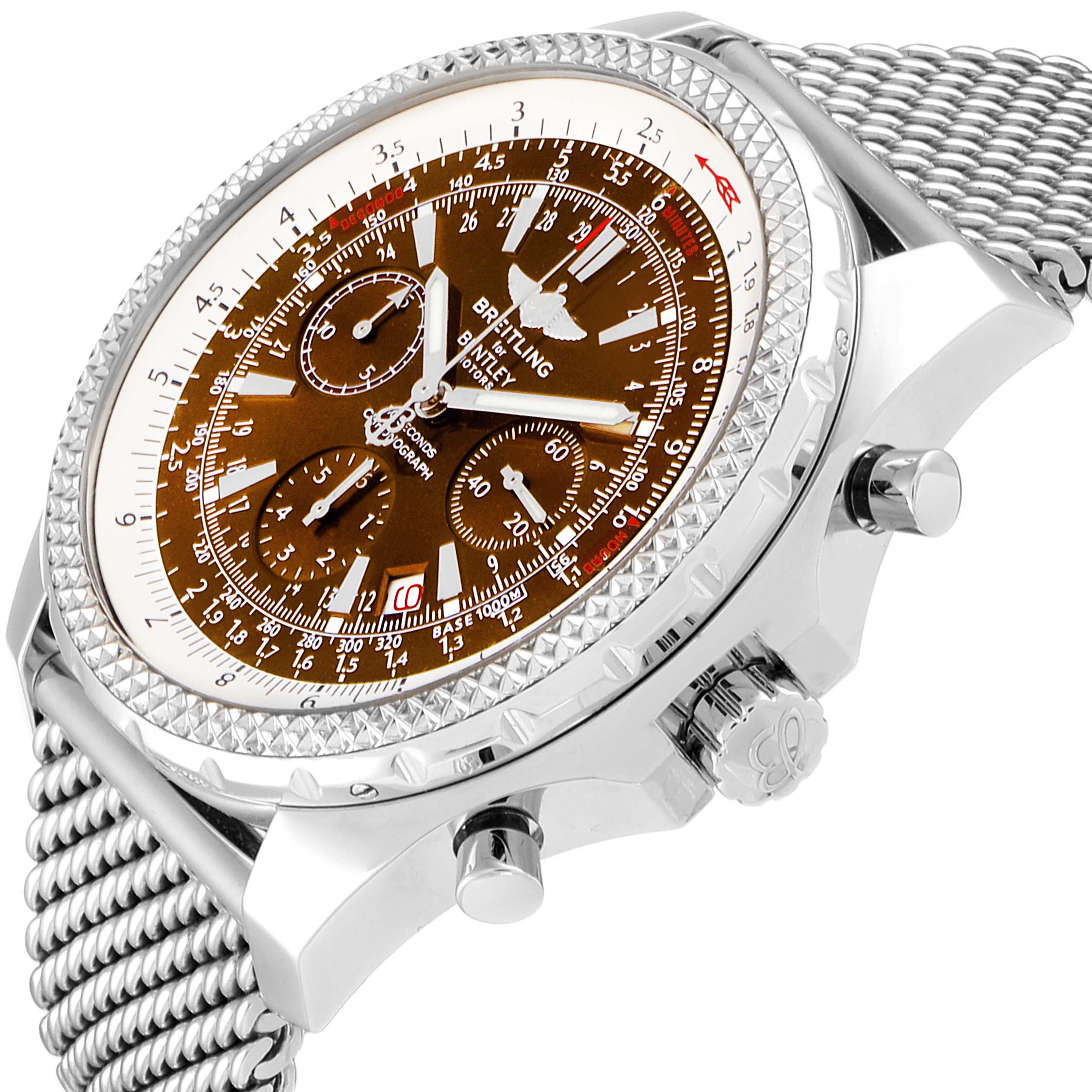The Breitling Bentley A25362 Men's Stainless Steel Brown Dial A25362 Men's Stainless Steel Brown Dial watch is shown at an angle highlighting the dial, bezel, crown, pushers, and part of the mesh bracelet.