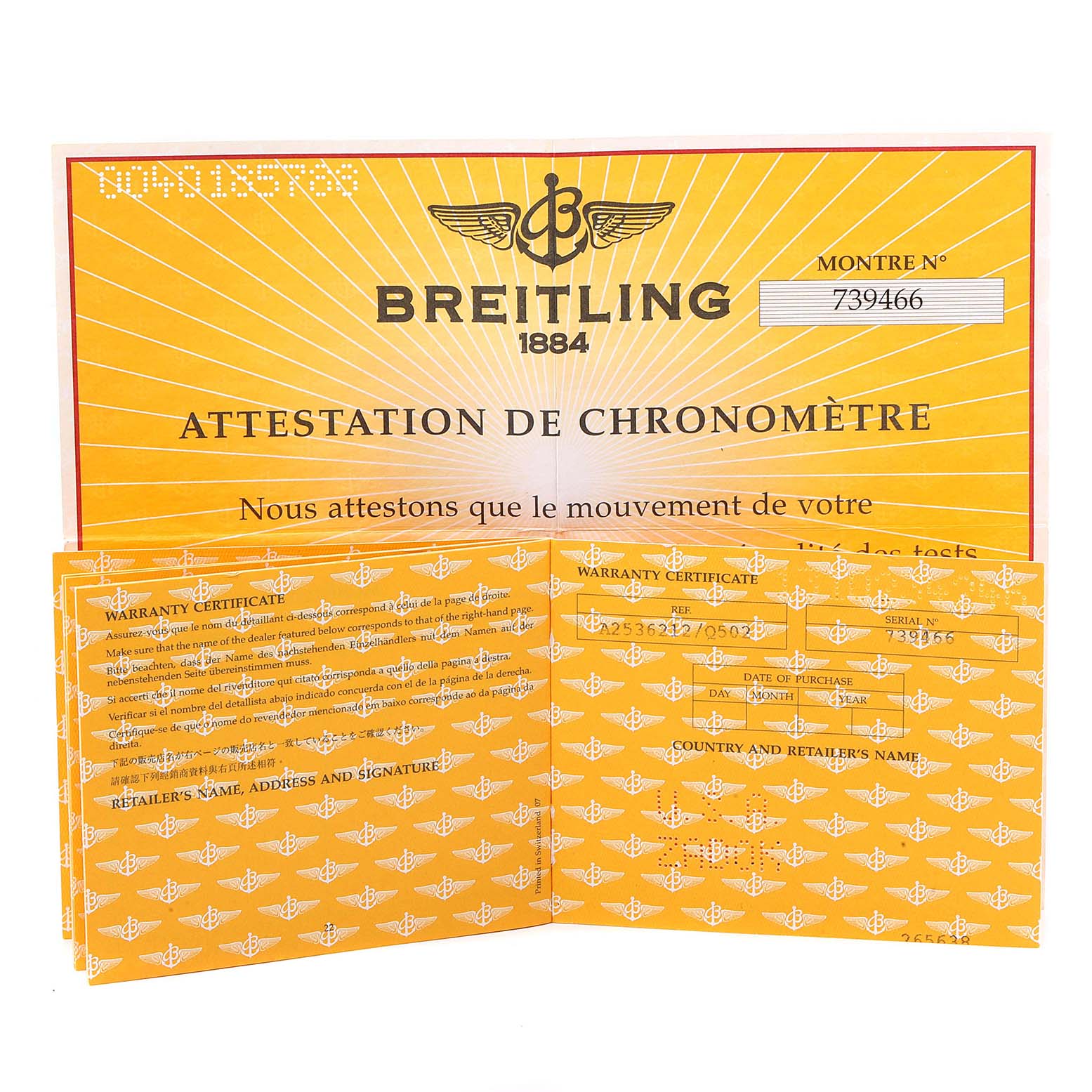 The image shows the warranty and attestation documents for a Bentley model by Breitling.