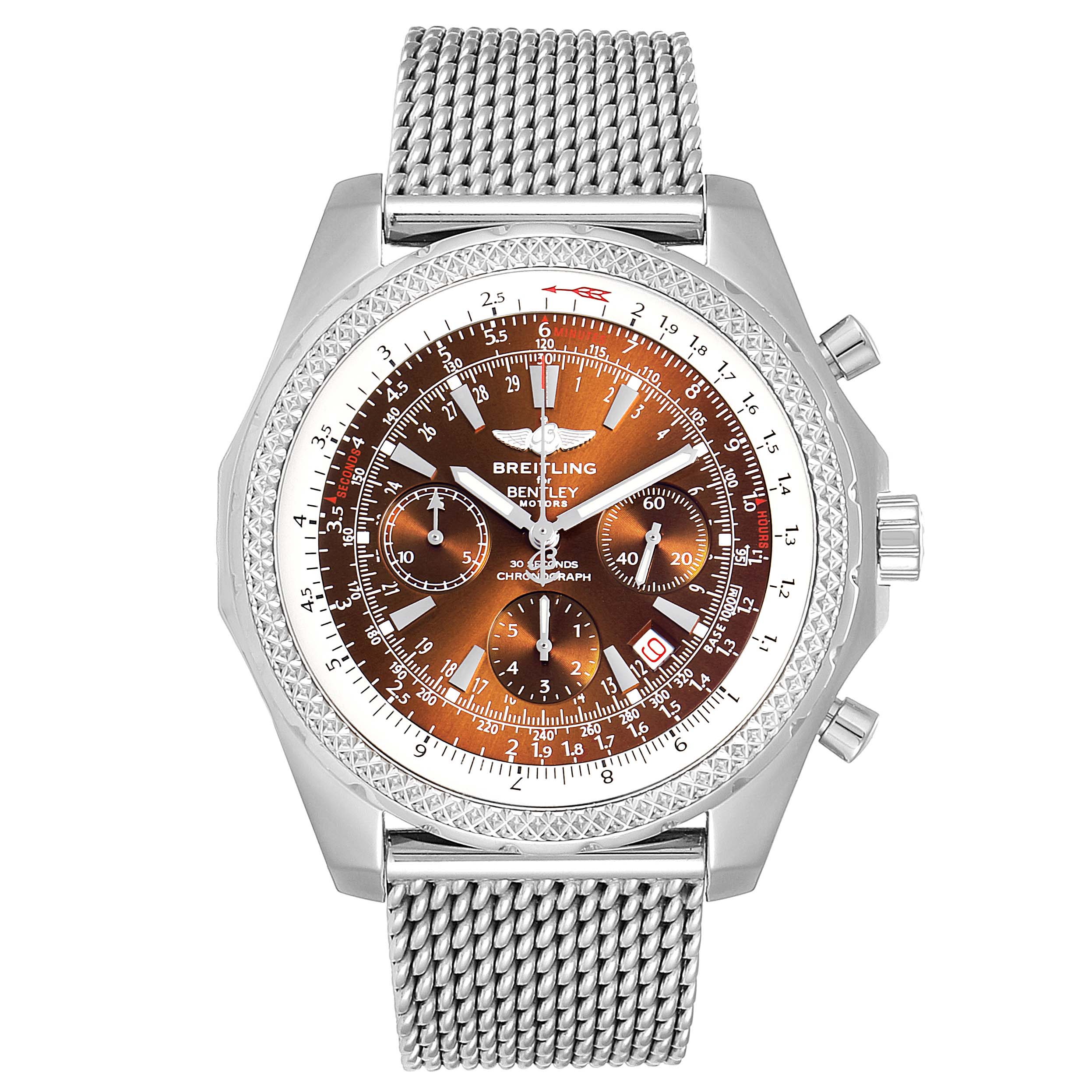 This image shows a frontal view of the Breitling Bentley A25362 Men's Stainless Steel Brown Dial A25362 Men's Stainless Steel Brown Dial watch, highlighting its dial, mesh strap, and chronograph features.