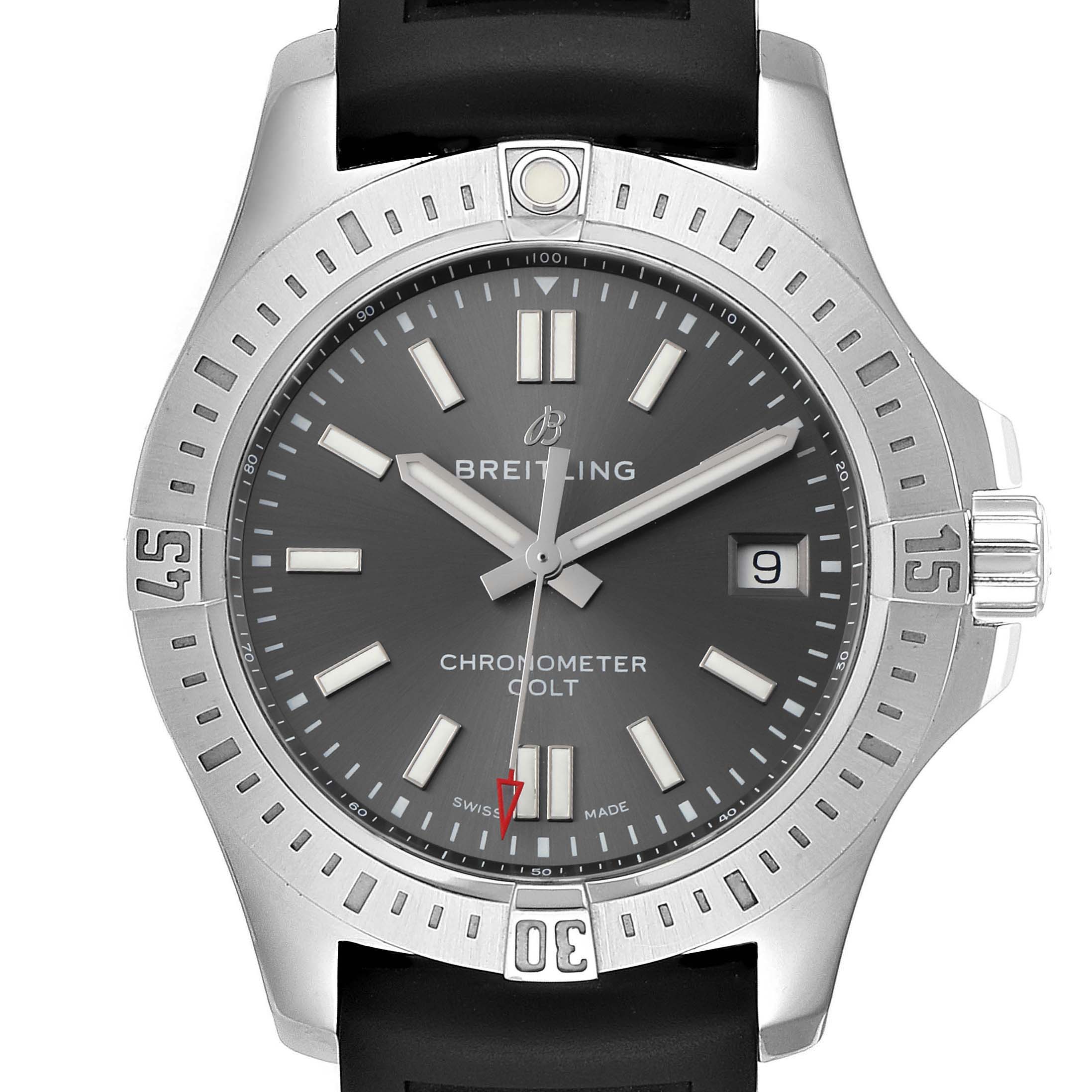 The image shows a front angle of the Breitling Colt A17313 Men's Stainless Steel Grey Dial A17313 Men's Stainless Steel Grey Dial watch, highlighting its face, bezel, and part of its strap.