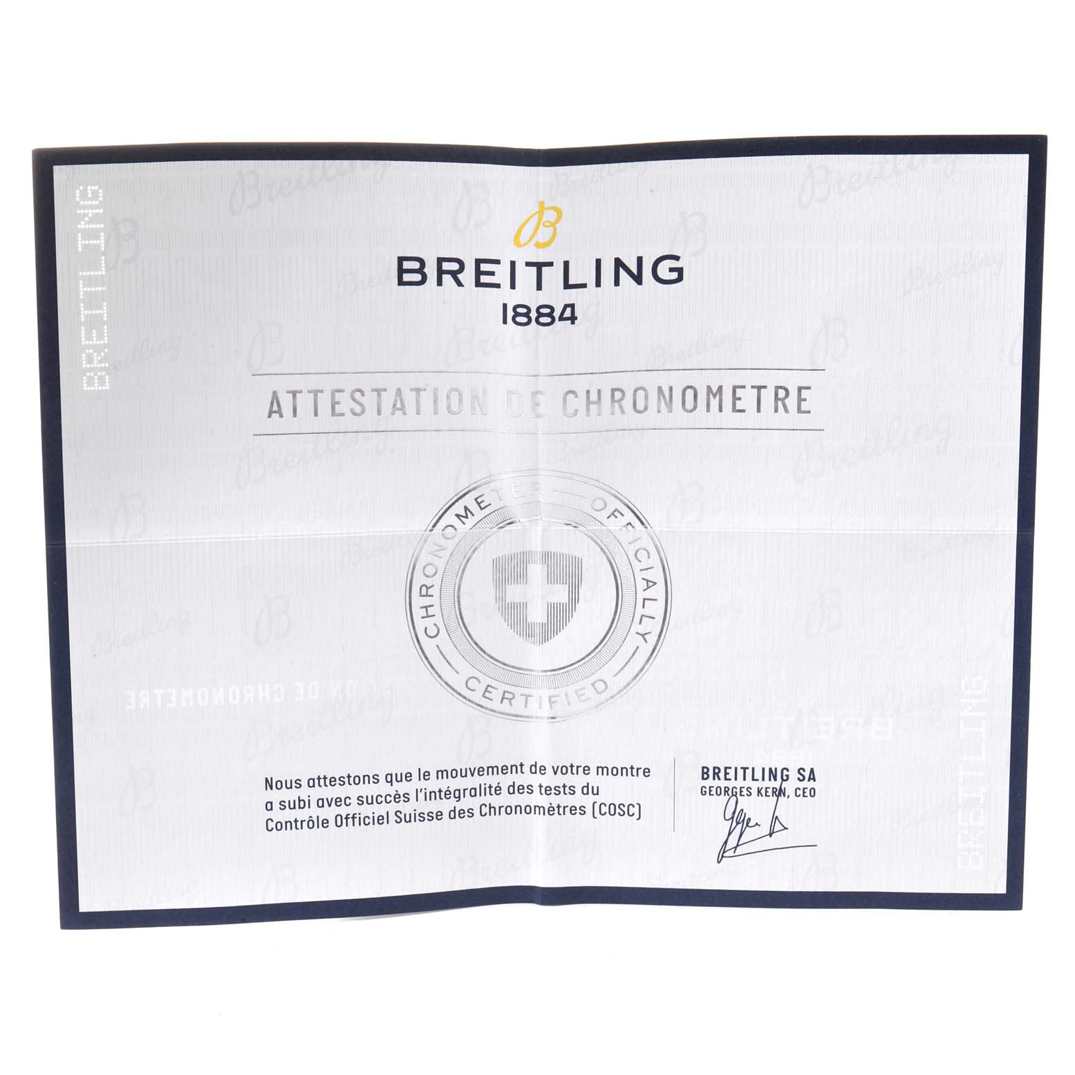 The image shows the COSC certification document for the Breitling Colt A17313 Men's Stainless Steel Grey Dial A17313 Men's Stainless Steel Grey Dial model watch, featuring the brand's logo and official signature.