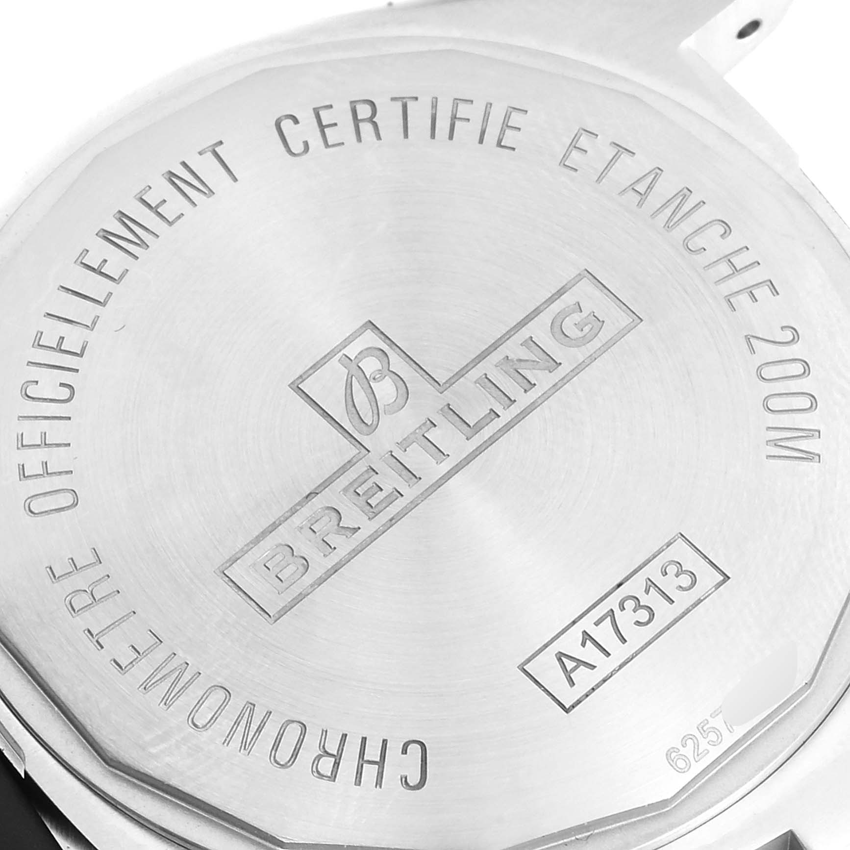 The image shows the case back of the Breitling Colt A17313 Men's Stainless Steel Grey Dial A17313 Men's Stainless Steel Grey Dial watch, detailing model number A17313 and water resistance of 200 meters.