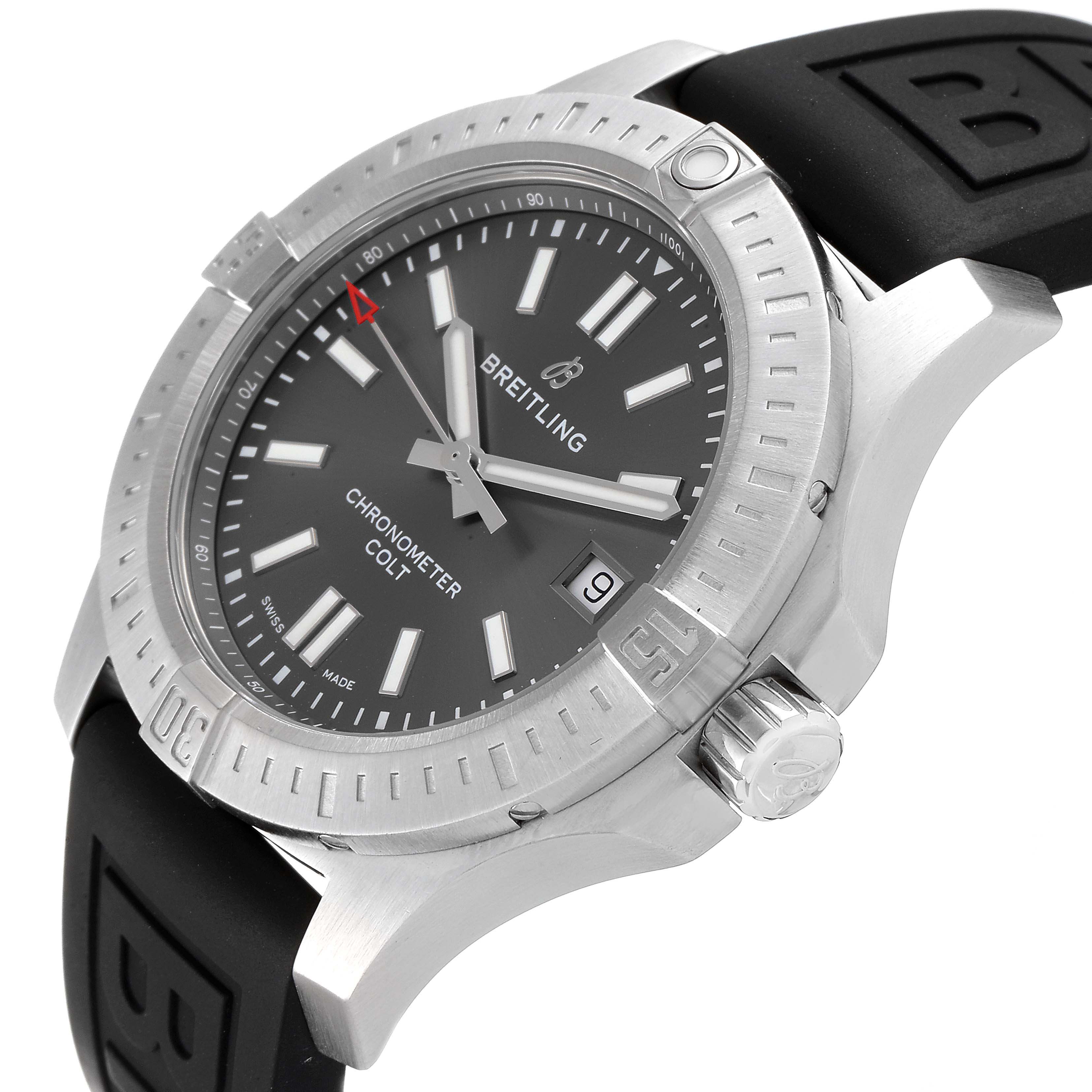 The image shows a close-up angle of the Breitling Colt A17313 Men's Stainless Steel Grey Dial A17313 Men's Stainless Steel Grey Dial watch, highlighting its bezel, dial, hands, crown, and part of the strap.
