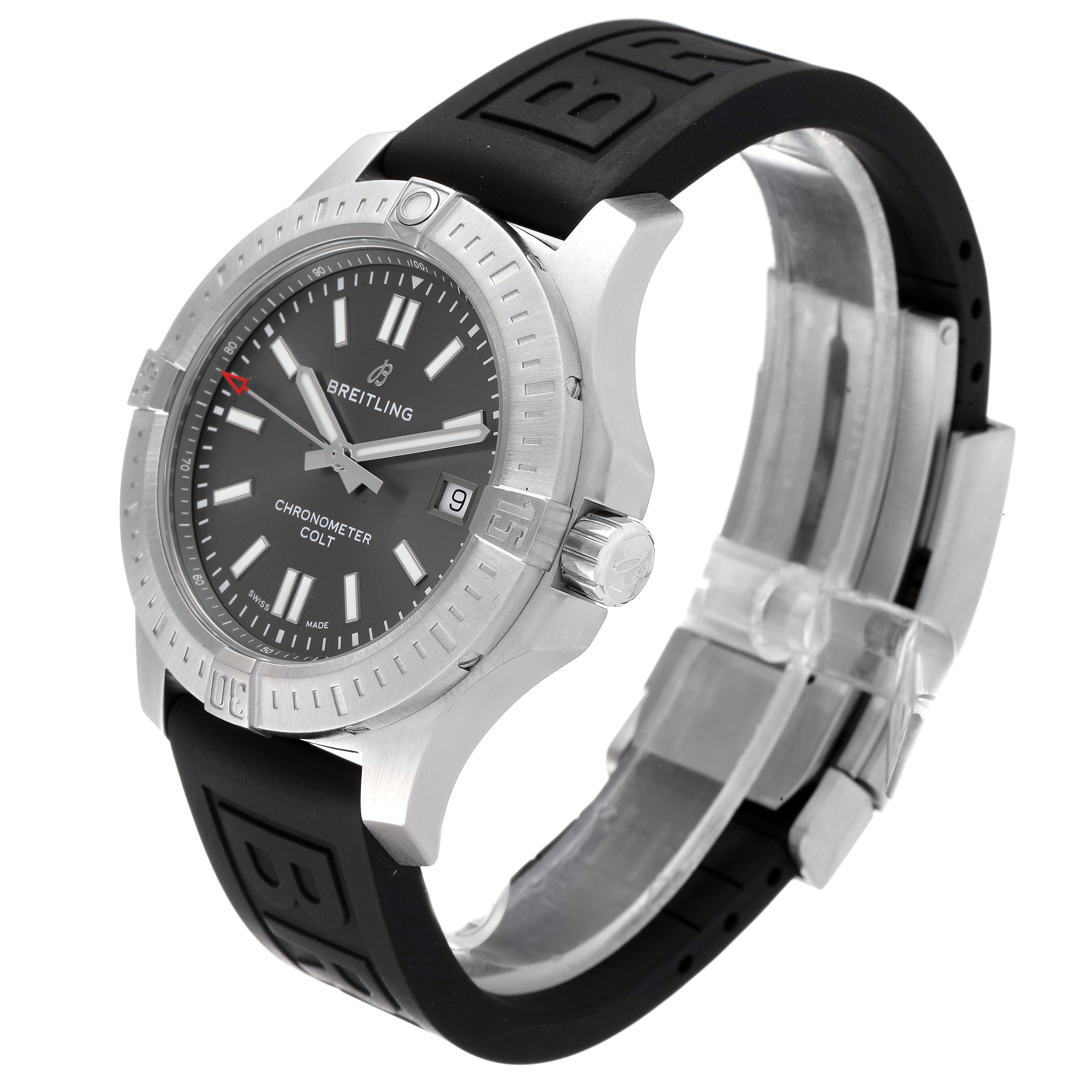 The image shows a Breitling Colt A17313 Men's Stainless Steel Grey Dial A17313 Men's Stainless Steel Grey Dial watch at a three-quarter angle, highlighting the face, bezel, crown, and rubber strap.