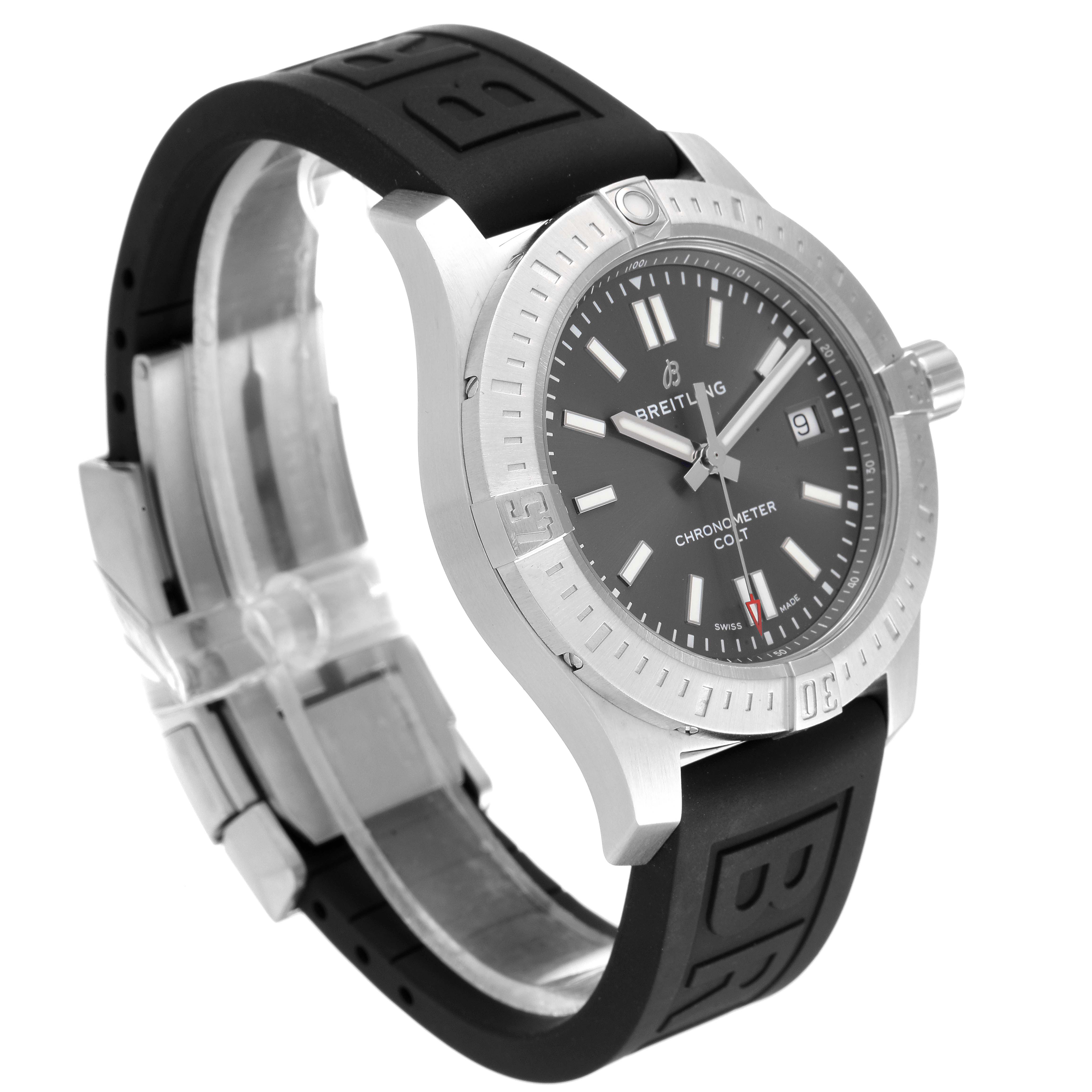 This image features a side angle of the Breitling Colt A17313 Men's Stainless Steel Grey Dial A17313 Men's Stainless Steel Grey Dial watch, showcasing its face, bezel, and black rubber strap.
