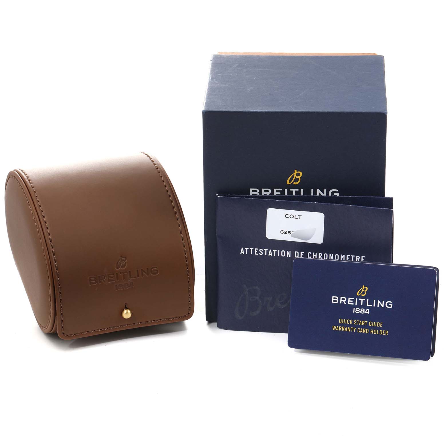 The image shows the box and packaging materials for a Breitling Colt A17313 Men's Stainless Steel Grey Dial A17313 Men's Stainless Steel Grey Dial watch, including a leather case, manuals, and warranty card.