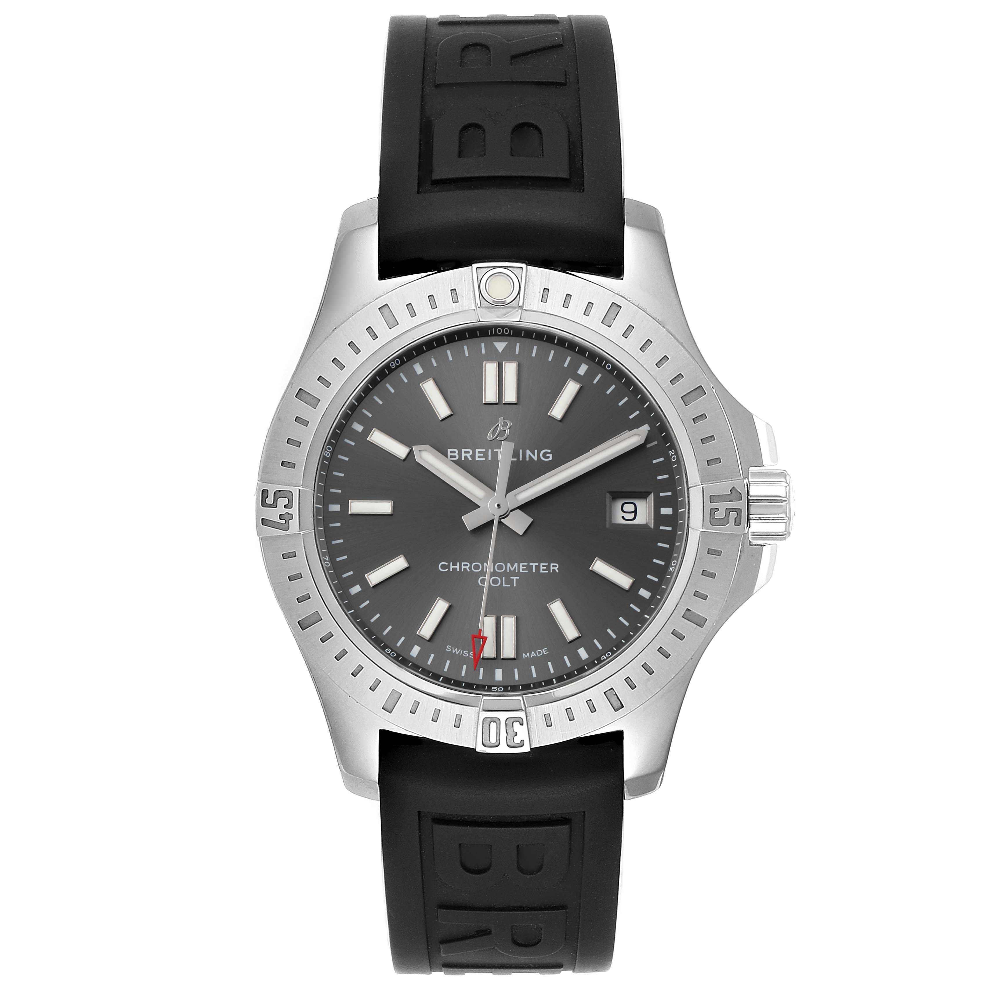 The Breitling Colt A17313 Men's Stainless Steel Grey Dial A17313 Men's Stainless Steel Grey Dial watch is shown from a top-down angle, displaying its face, bezel, and black rubber strap.