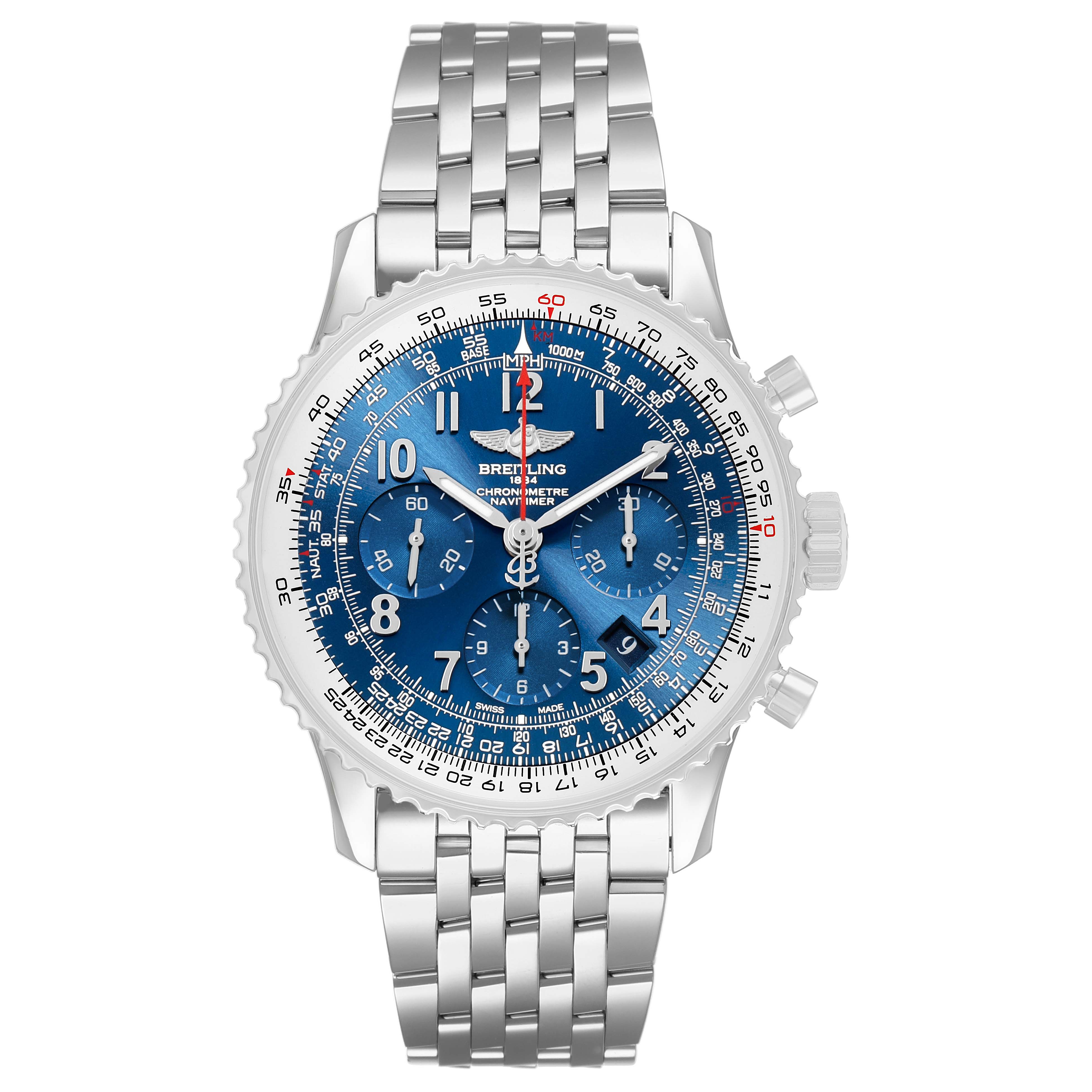 The Breitling Navitimer AB0121C4/C920 Men's Stainless Steel Blue Dial watch is shown from the front, displaying its blue dial, chronograph subdials, and silver bracelet.