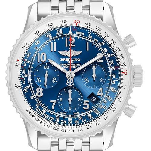 The Breitling Navitimer AB0121C4/C920 Men's Stainless Steel Blue Dial watch is shown from the front, displaying the dial, bezel, and part of the bracelet.
