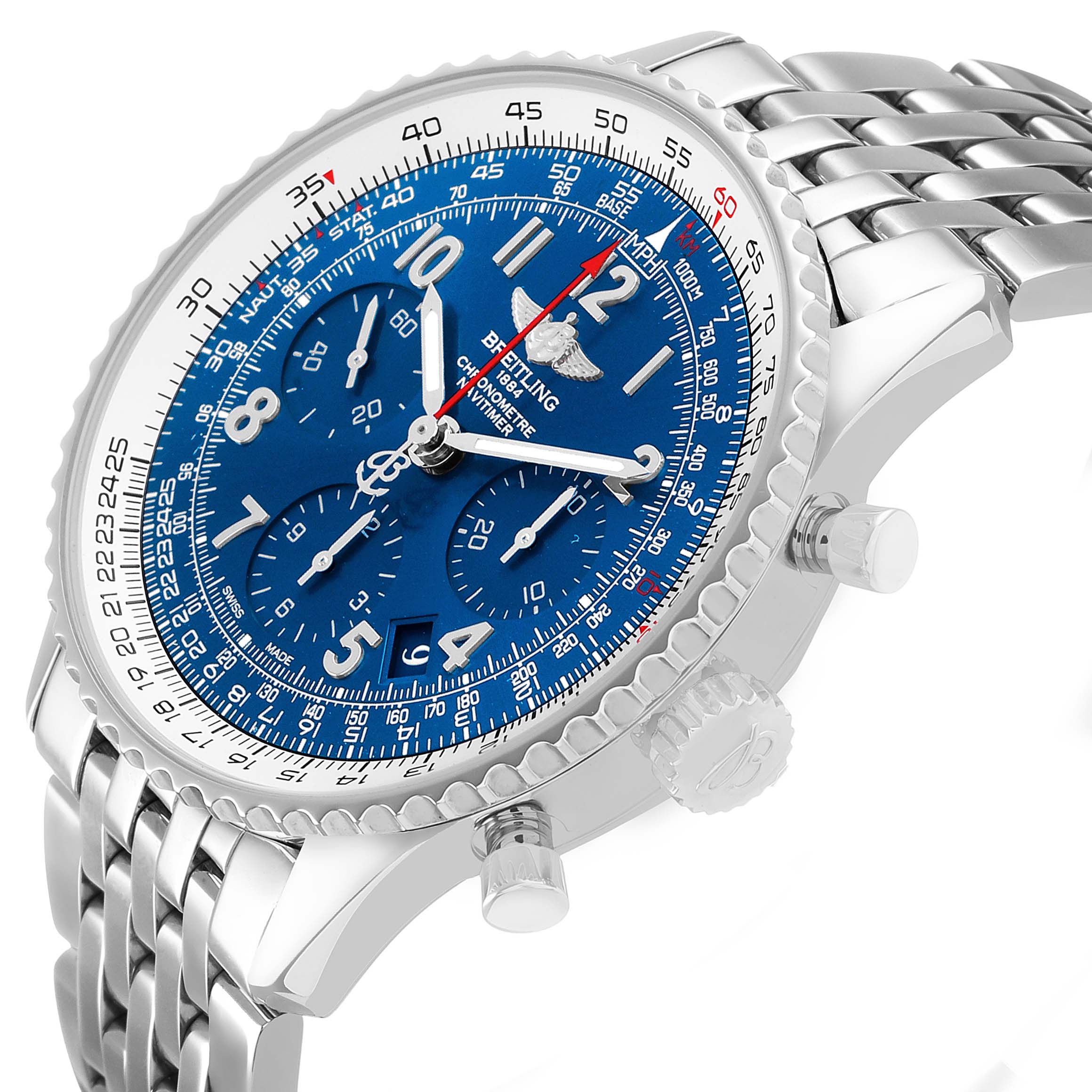 The Breitling Navitimer AB0121C4/C920 Men's Stainless Steel Blue Dial watch is shown at a slight side angle, displaying the dial, bezel, pushers, and part of the bracelet.
