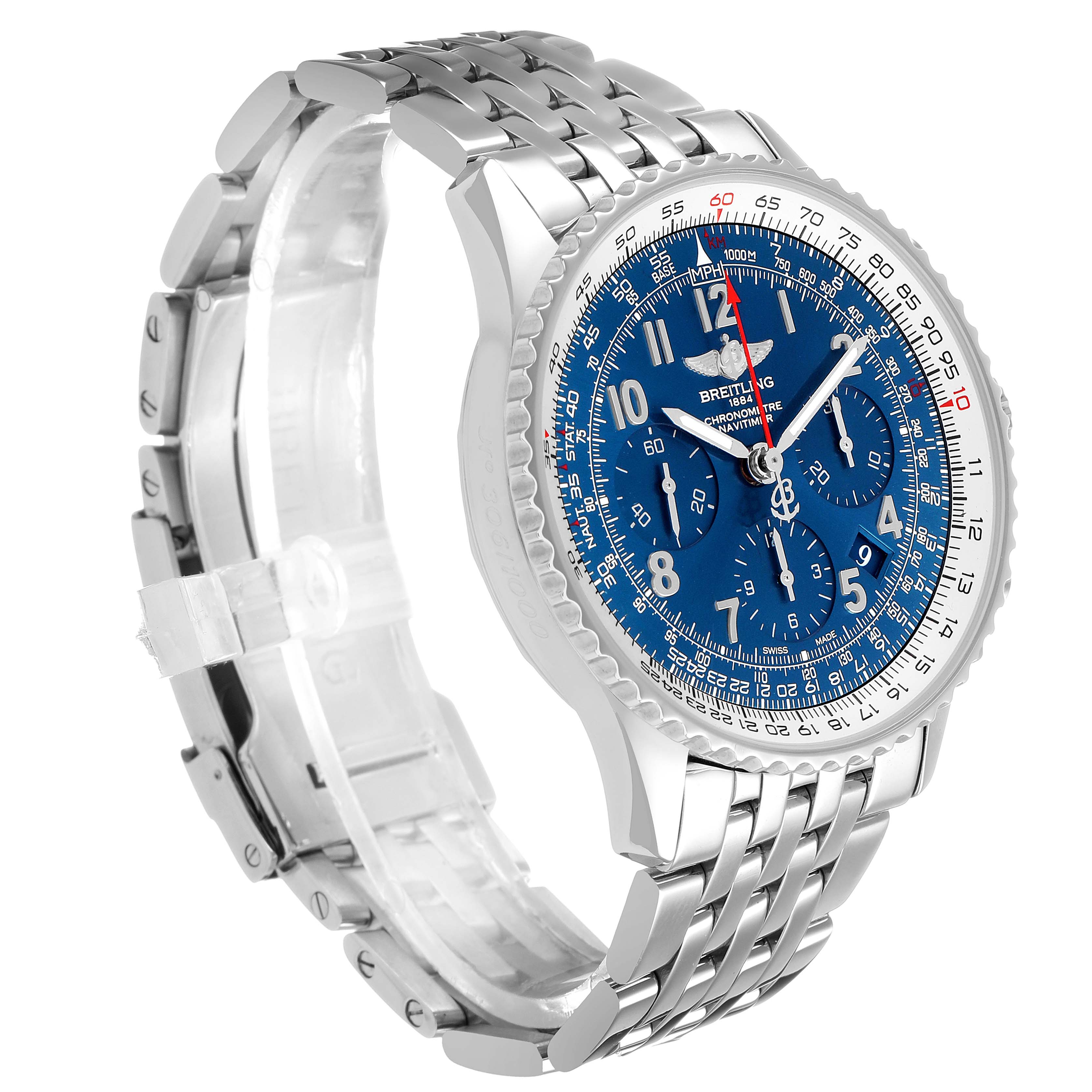 The Breitling Navitimer AB0121C4/C920 Men's Stainless Steel Blue Dial watch is shown at an angled view highlighting the face, bezel, chronograph dials, and metal bracelet.
