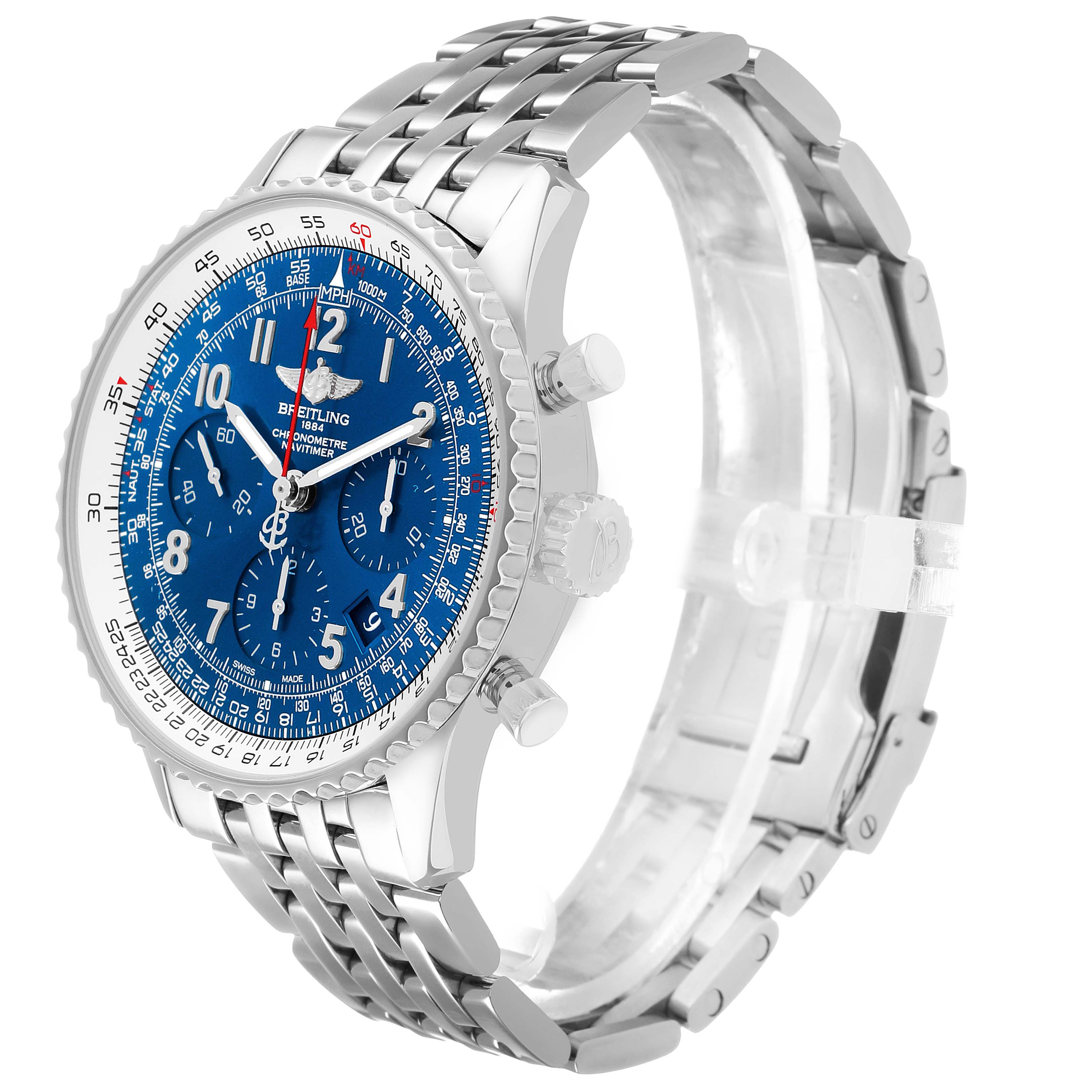 The Breitling Navitimer AB0121C4/C920 Men's Stainless Steel Blue Dial watch is shown at a three-quarter angle, highlighting the blue dial, bezel, crown, and stainless steel bracelet.