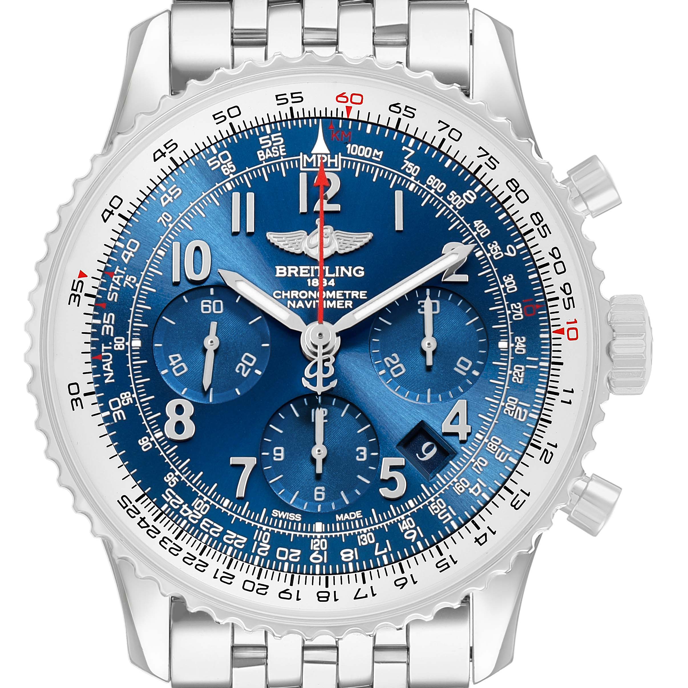 The Breitling Navitimer AB0121C4/C920 Men's Stainless Steel Blue Dial watch is shown front-on, displaying the face, dial, bezel, and part of the bracelet.
