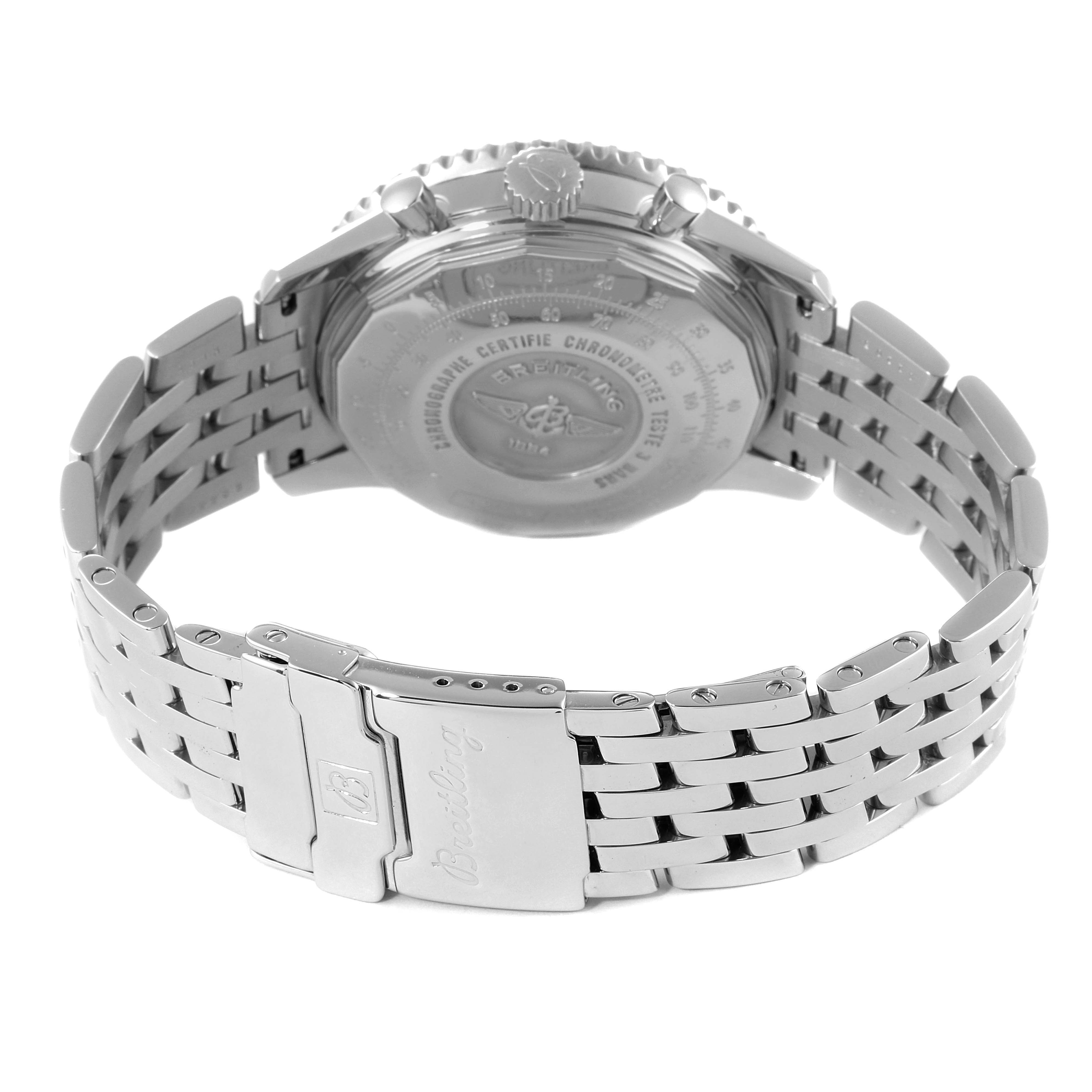 The image shows the back and bracelet of a Breitling Navitimer A23322 Men's Stainless Steel Silver Dial A23322 Men's Stainless Steel Silver Dial watch, including the clasp, crown, and case back.