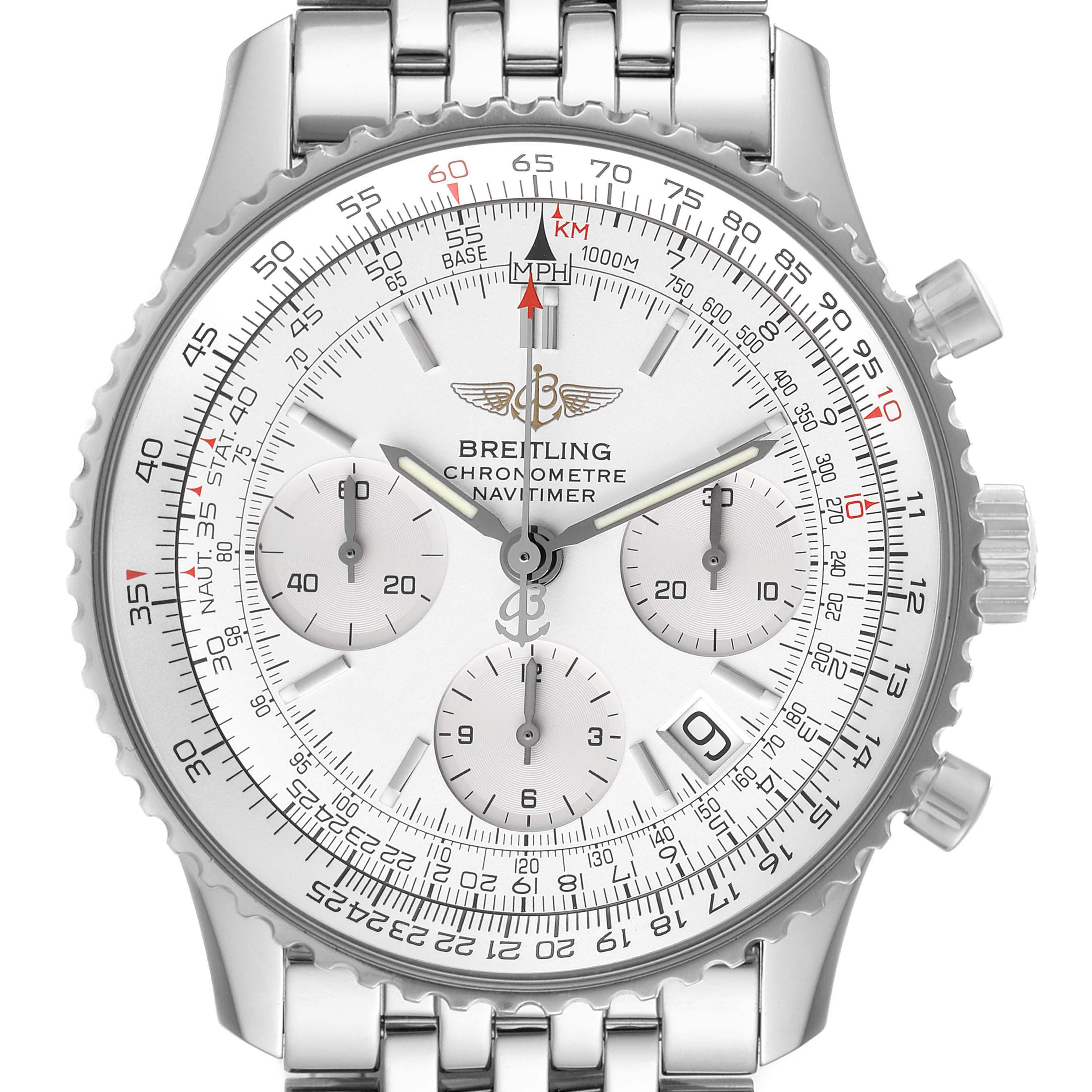 This image shows a front view of the Breitling Navitimer A23322 Men's Stainless Steel Silver Dial A23322 Men's Stainless Steel Silver Dial watch, displaying the face, bezel, and part of the metal bracelet.