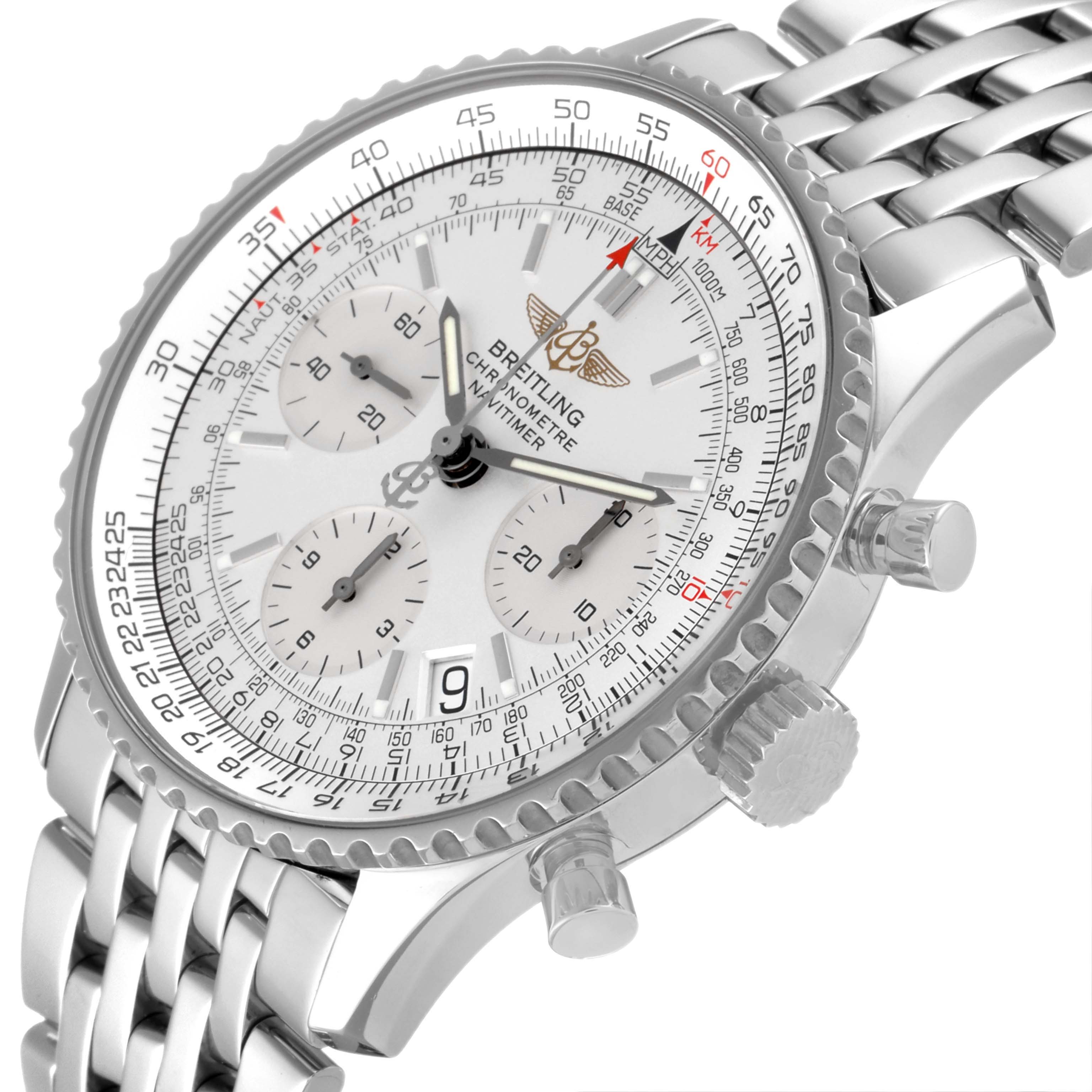 The Breitling Navitimer A23322 Men's Stainless Steel Silver Dial A23322 Men's Stainless Steel Silver Dial watch is shown at a slight angle, highlighting the dial, bezel, pushers, and part of the bracelet.