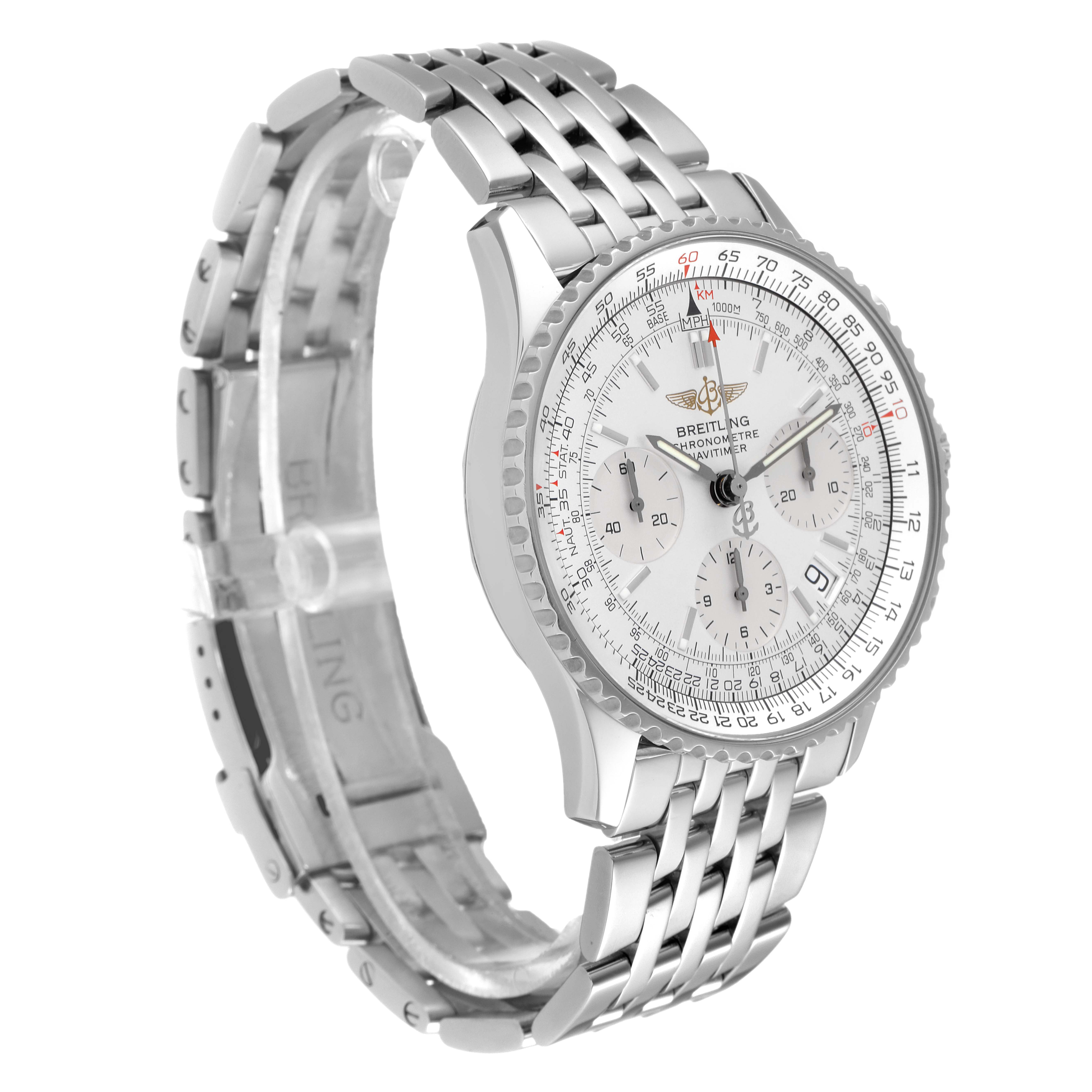The image shows a Breitling Navitimer A23322 Men's Stainless Steel Silver Dial A23322 Men's Stainless Steel Silver Dial watch at a right-side angle, highlighting its dial, bezel, and metal bracelet.