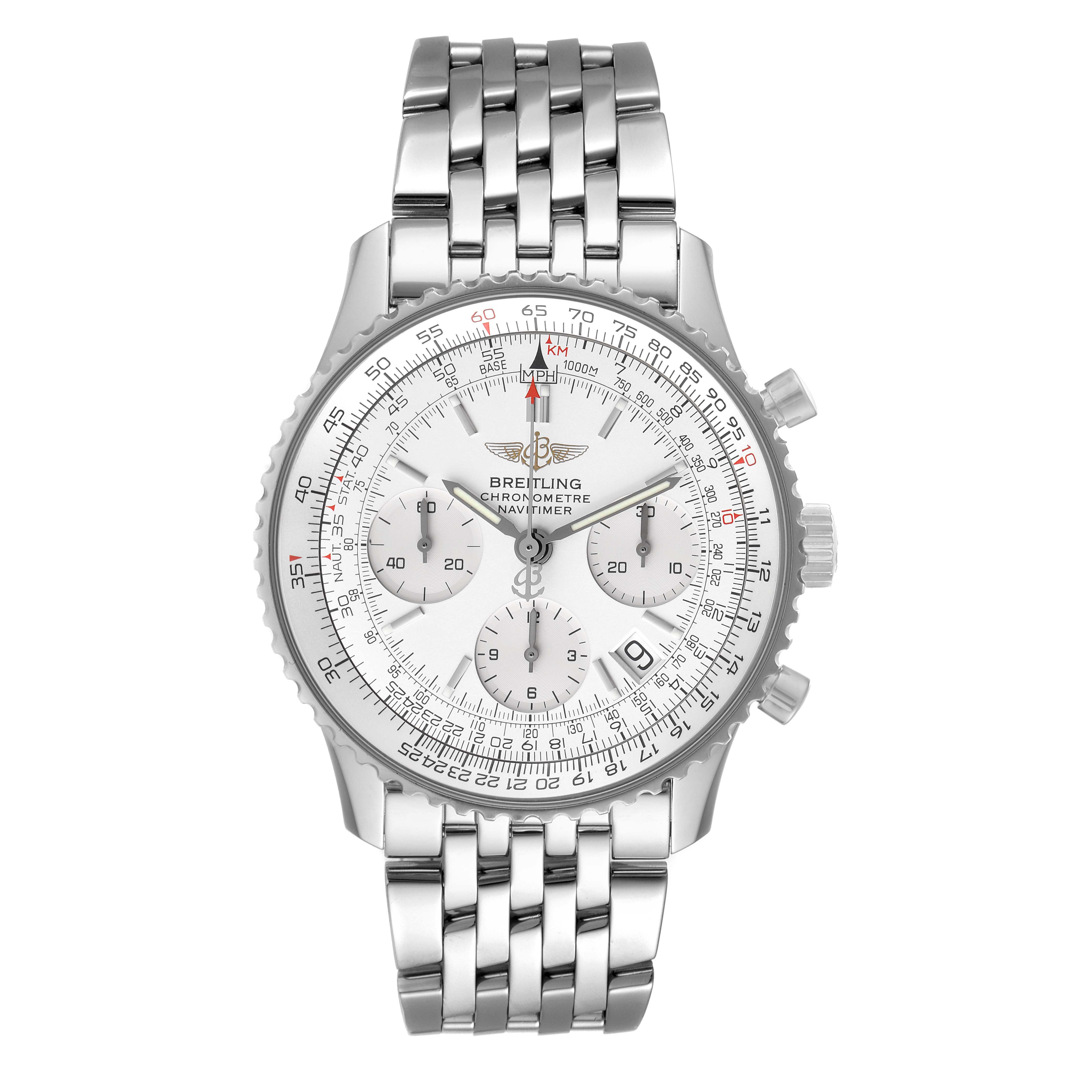 This image shows a front view of a Breitling Navitimer A23322 Men's Stainless Steel Silver Dial A23322 Men's Stainless Steel Silver Dial watch, displaying its face, chronograph dials, bezel, and metal bracelet.