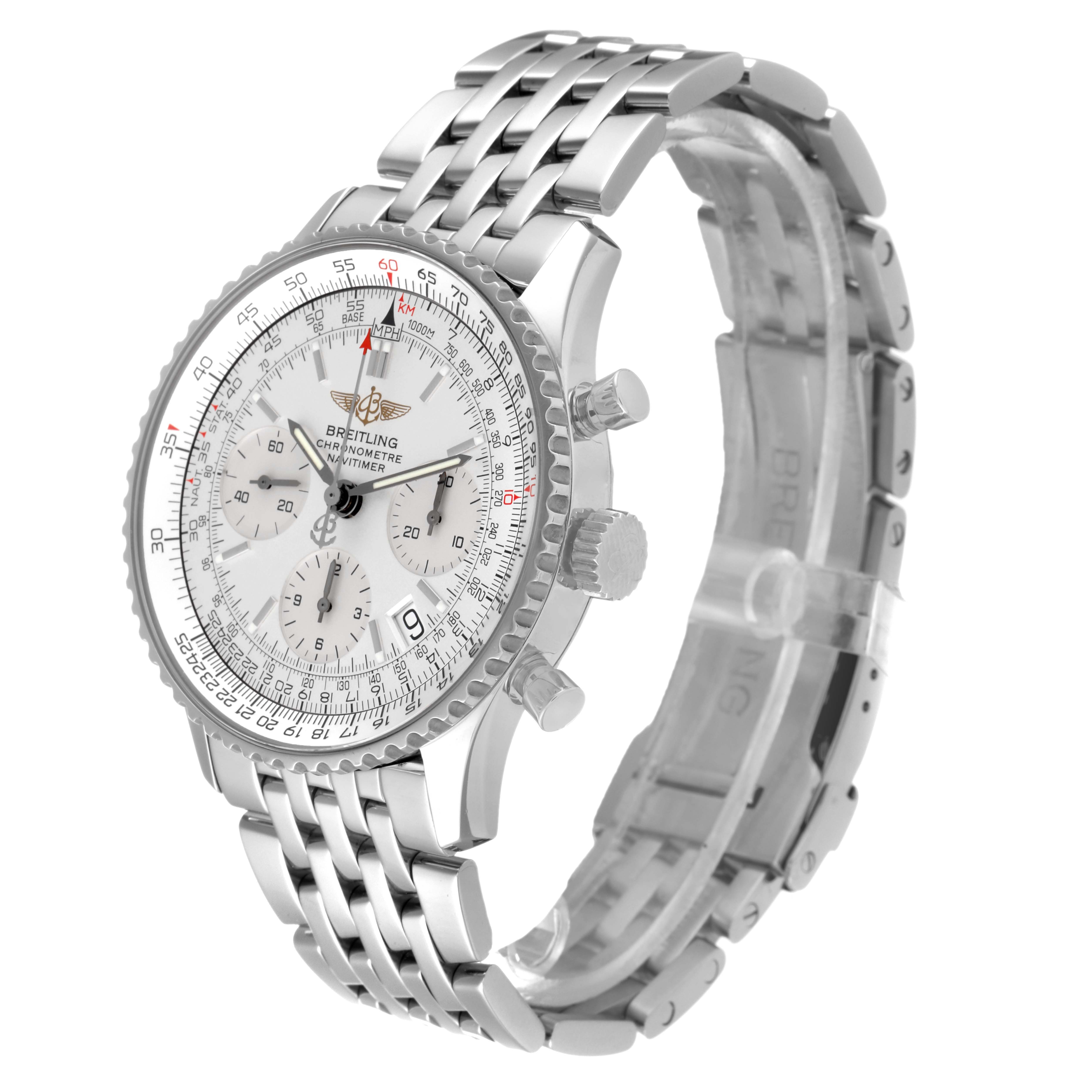 The image shows a side angle of the Breitling Navitimer A23322 Men's Stainless Steel Silver Dial A23322 Men's Stainless Steel Silver Dial watch, displaying its face, bezel, crown, and bracelet.