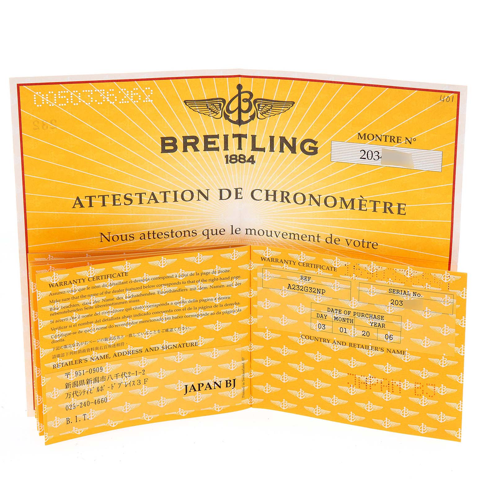 The image shows the warranty certificate and chronometer attestation documents for the Breitling Navitimer A23322 Men's Stainless Steel Silver Dial A23322 Men's Stainless Steel Silver Dial watch.