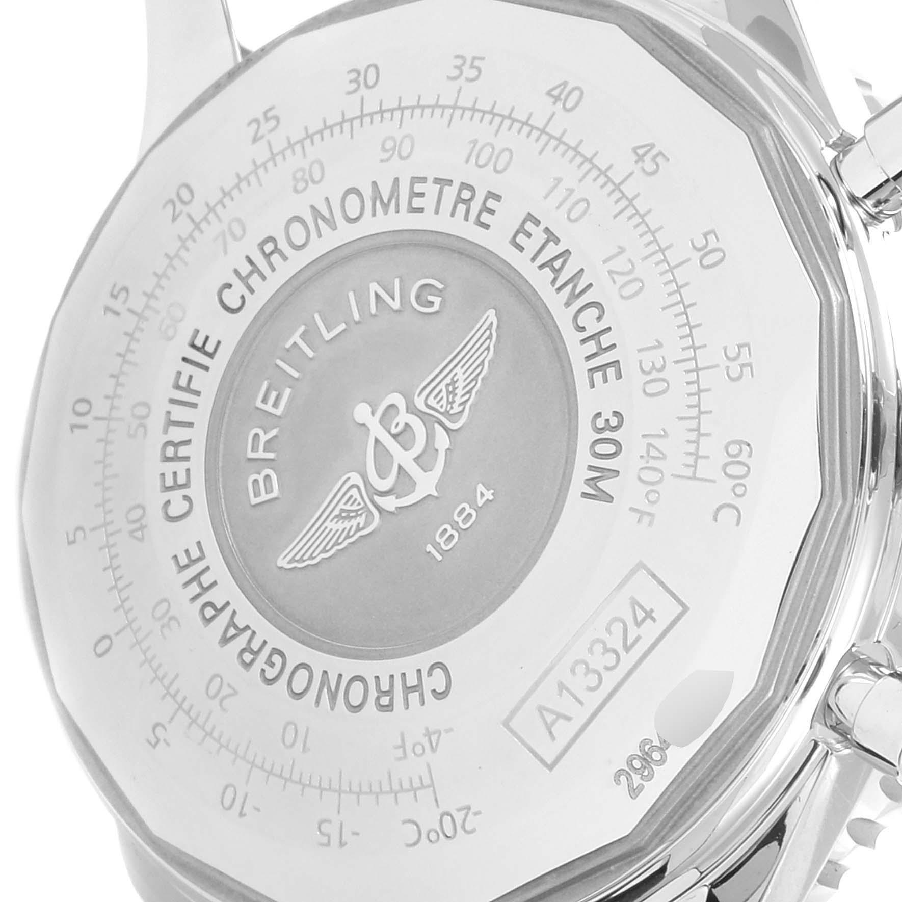 The image shows the case back of a Breitling Navitimer A13324 Men
s Stainless Steel Blue Dial A13324 Men
s Stainless Steel Blue Dial watch, highlighting its engravings and model information.