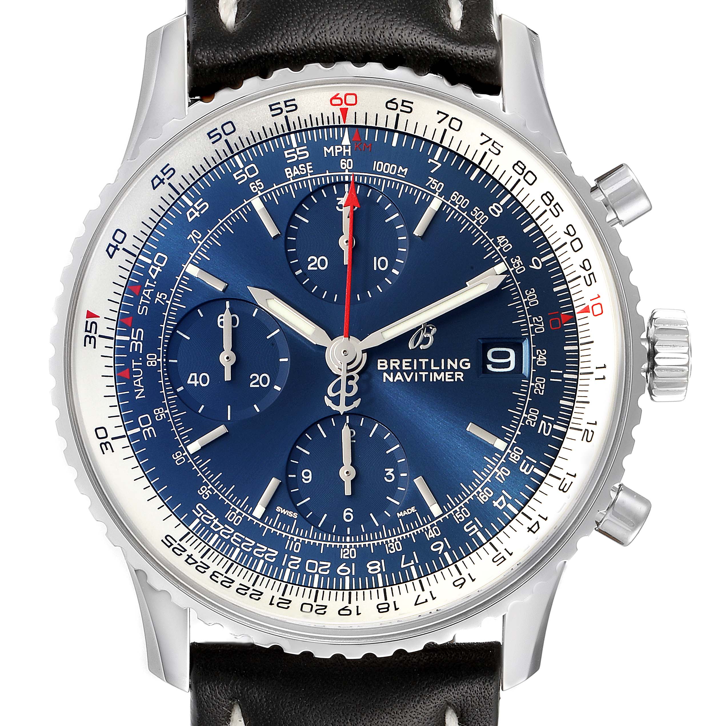 This image shows a front view of the blue dial and bezel of a Breitling Navitimer A13324 Men
s Stainless Steel Blue Dial A13324 Men
s Stainless Steel Blue Dial watch, complete with chronograph functions and a black leather strap.