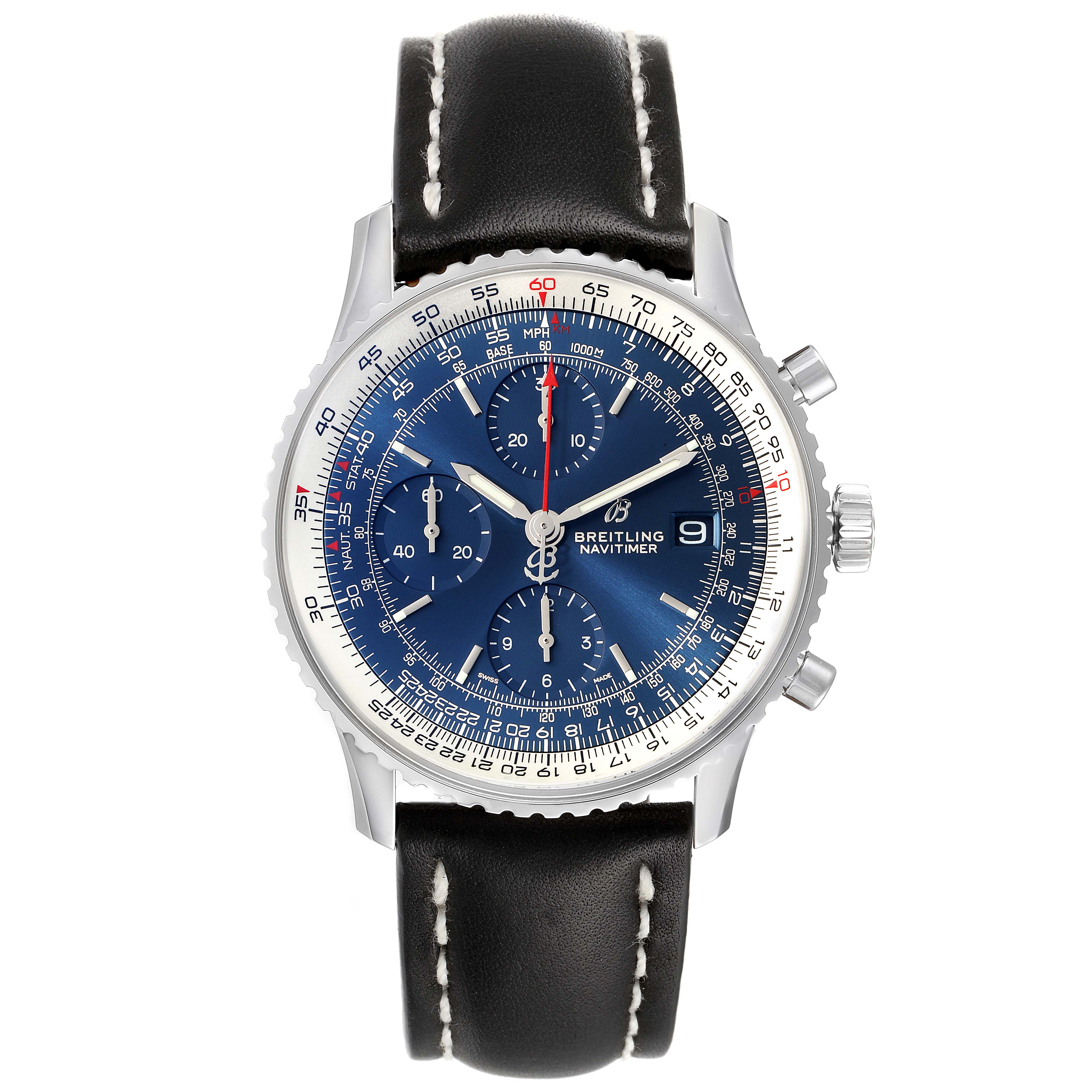 The image shows a Breitling Navitimer A13324 Men
s Stainless Steel Blue Dial A13324 Men
s Stainless Steel Blue Dial watch from a front angle, highlighting its blue dial, sub-dials, and black leather strap.