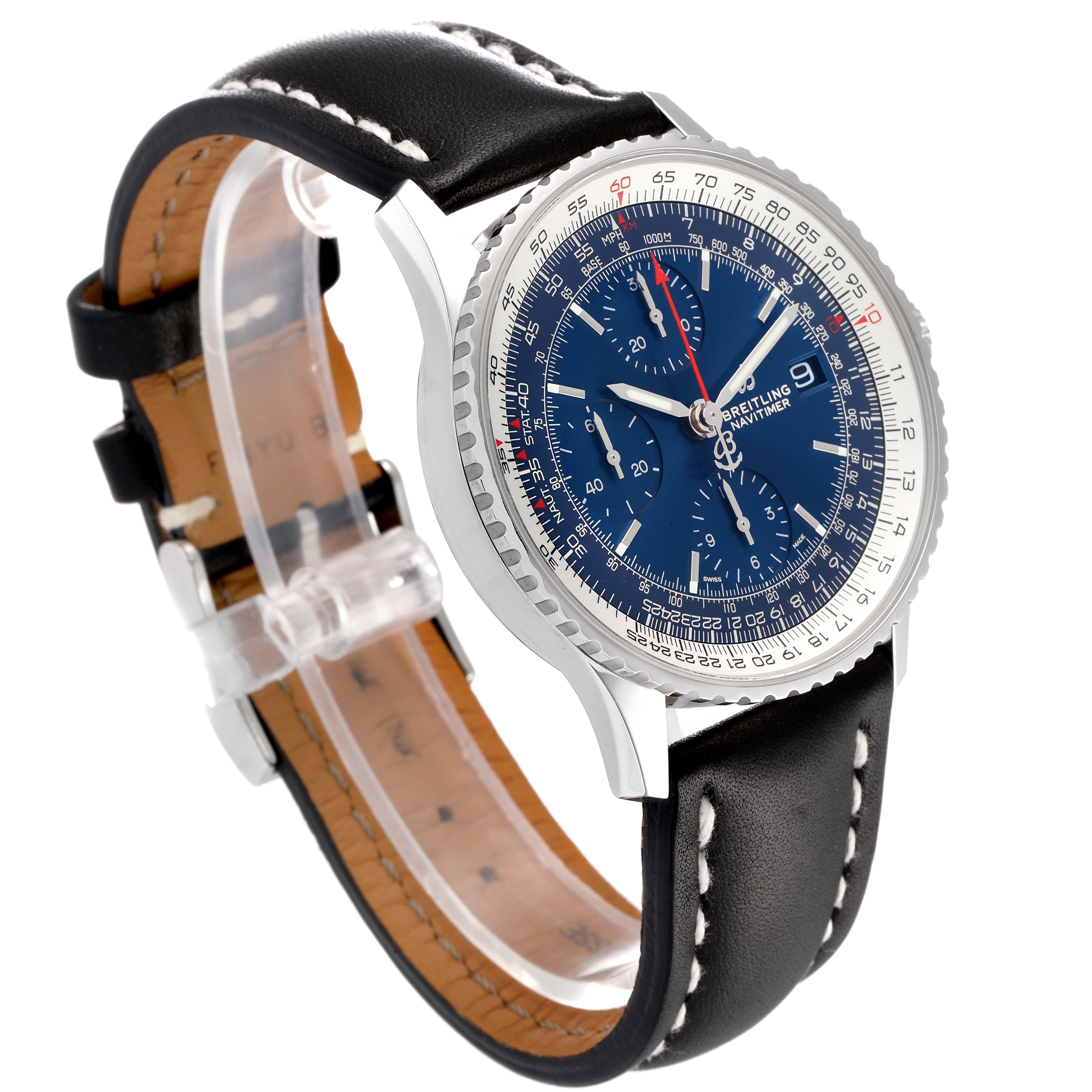 The image shows a Breitling Navitimer A13324 Men
s Stainless Steel Blue Dial A13324 Men
s Stainless Steel Blue Dial watch at a three-quarter angle, highlighting its dial, bezel, and leather strap.