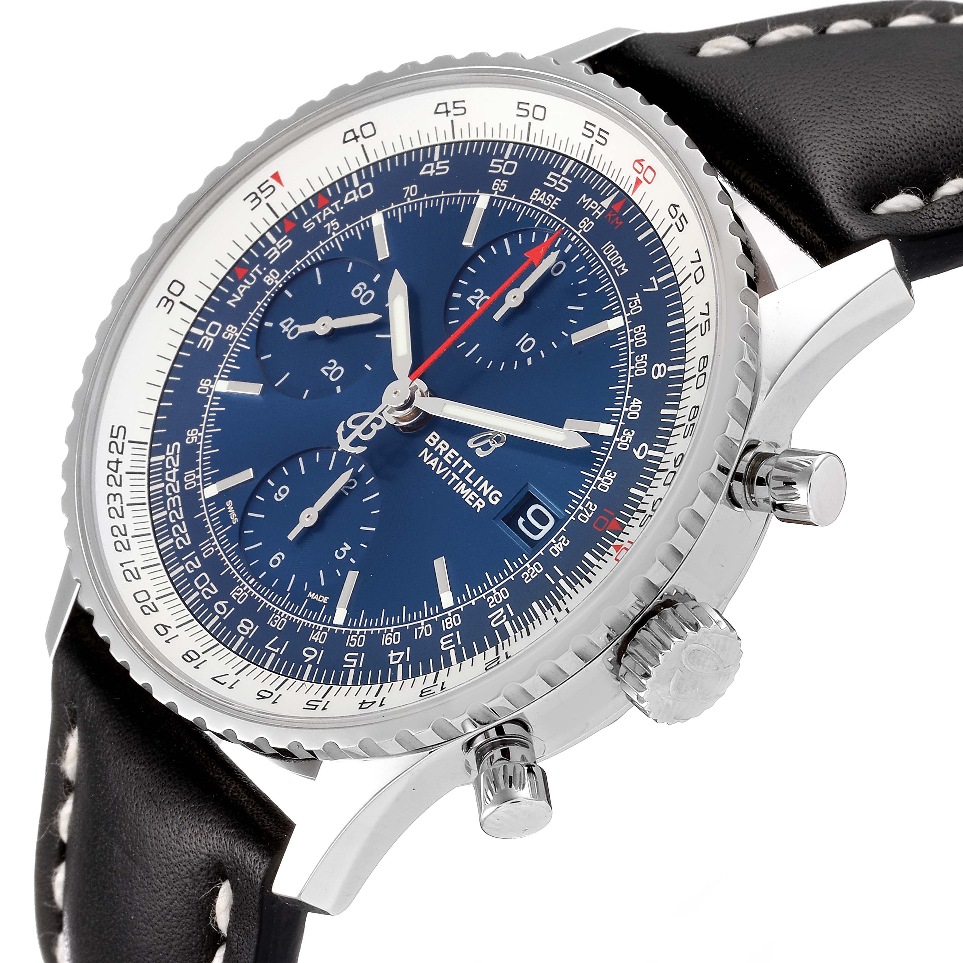 The image shows a close-up angle of the Breitling Navitimer A13324 Men
s Stainless Steel Blue Dial A13324 Men
s Stainless Steel Blue Dial watch, capturing the dial, bezel, chronograph pushers, and part of the leather strap.