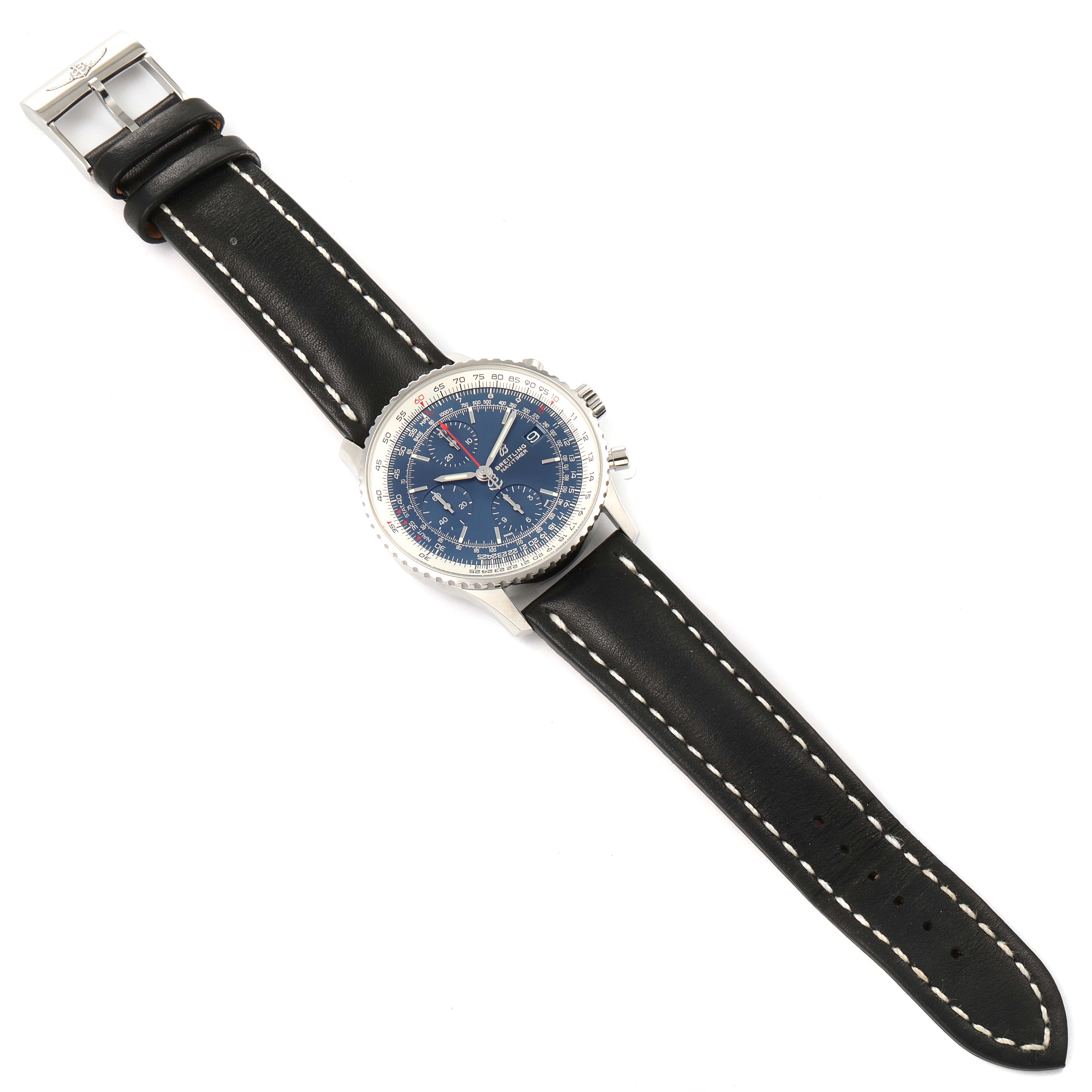 The image shows a top view of a Breitling Navitimer A13324 Men
s Stainless Steel Blue Dial A13324 Men
s Stainless Steel Blue Dial watch, displaying its black leather strap and blue watch face with chronograph functions.