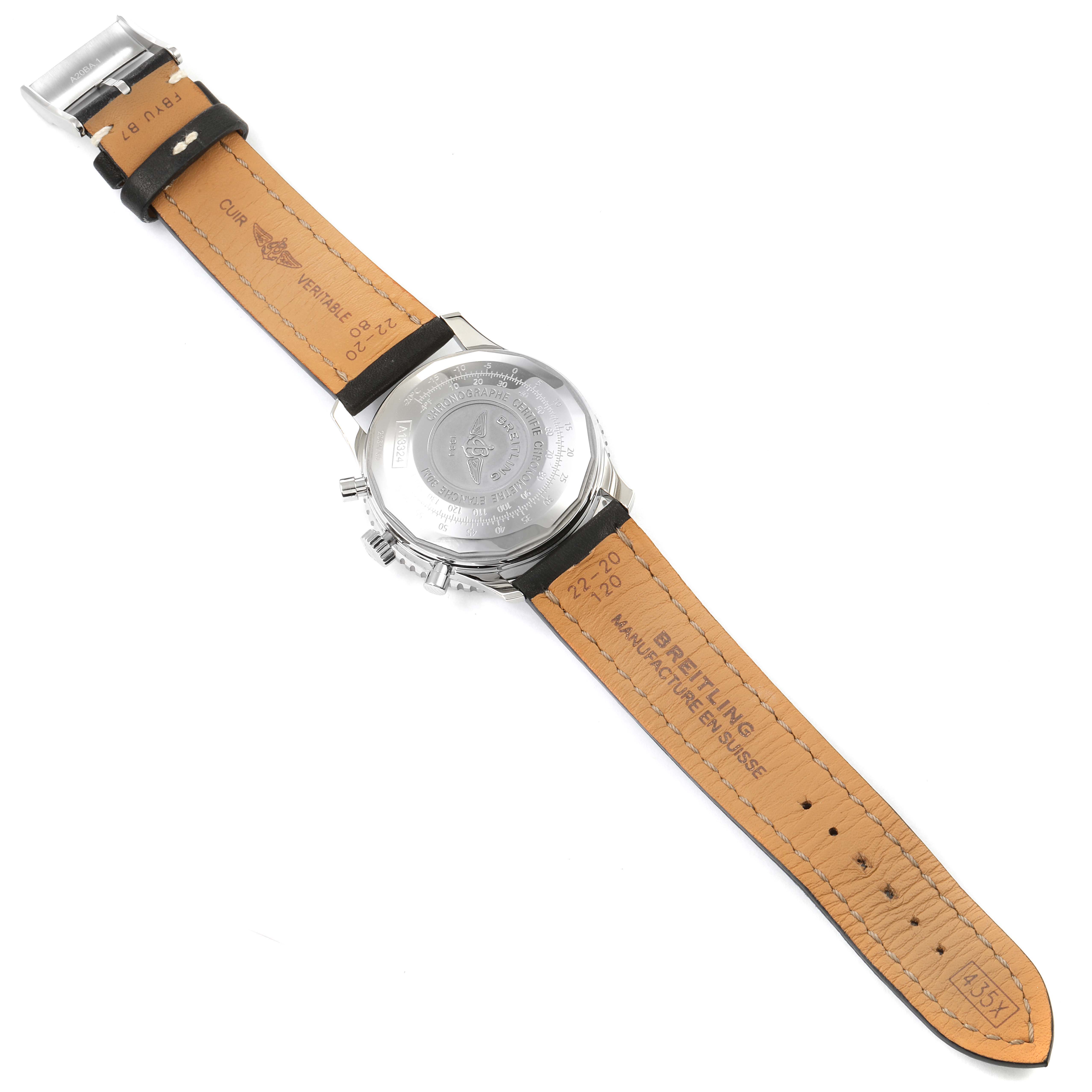 The image shows the back and strap of a Breitling Navitimer A13324 Men
s Stainless Steel Blue Dial A13324 Men
s Stainless Steel Blue Dial watch, displaying the case back and leather strap details.