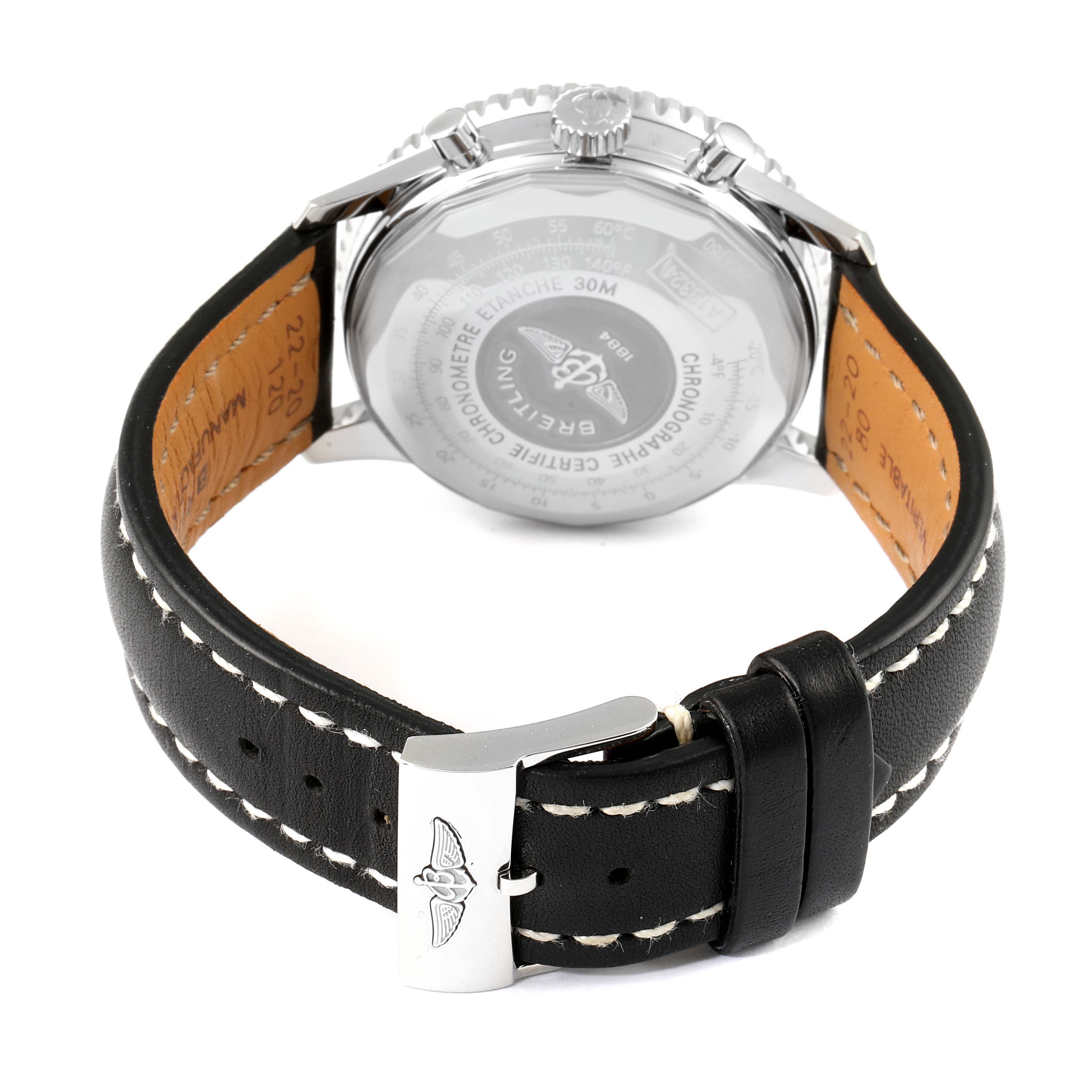 This image shows the back case and black leather strap with stitching of the Breitling Navitimer A13324 Men
s Stainless Steel Blue Dial A13324 Men
s Stainless Steel Blue Dial watch.