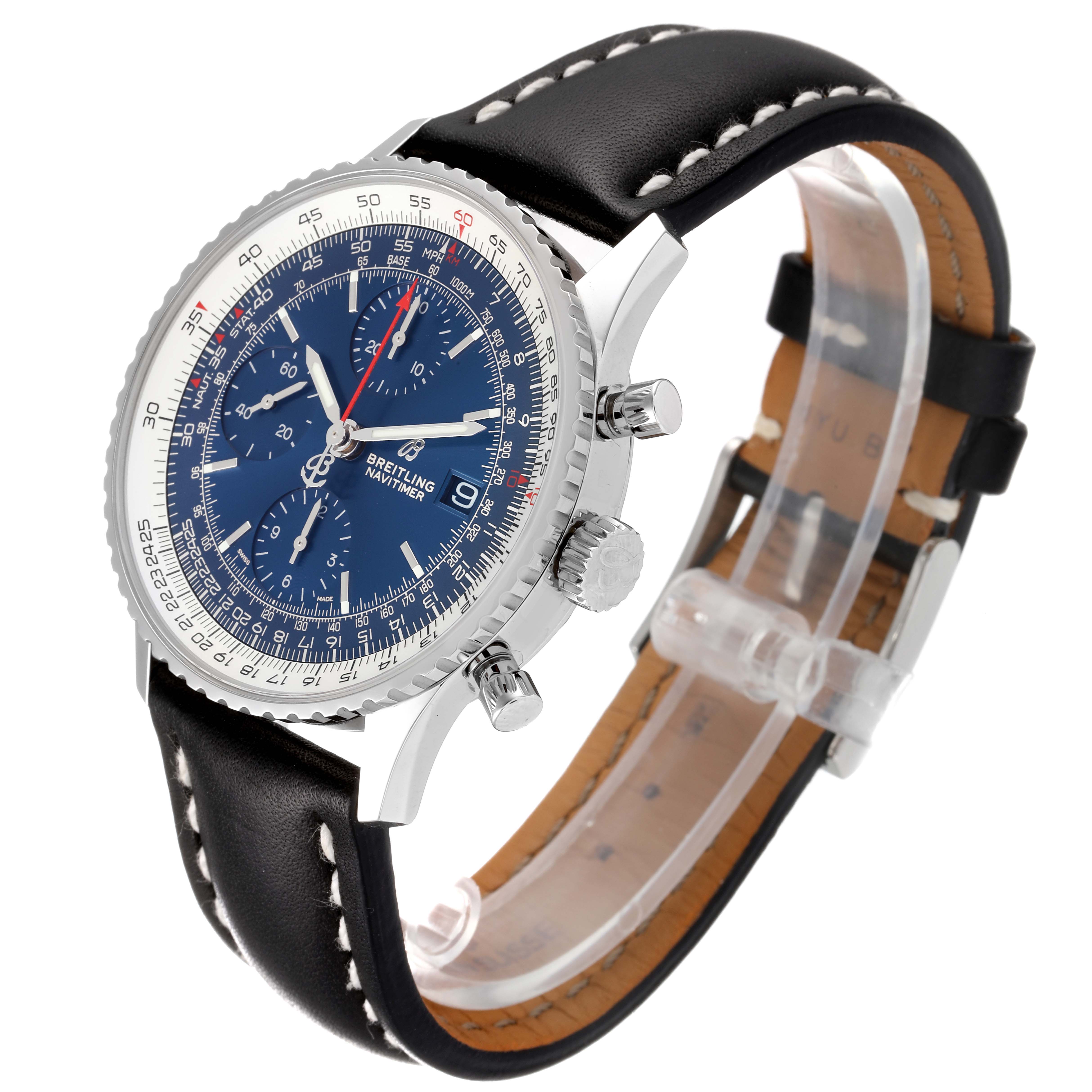 The Breitling Navitimer A13324 Men
s Stainless Steel Blue Dial A13324 Men
s Stainless Steel Blue Dial watch is shown at a slight angle, highlighting the dial, bezel, crown, chronograph buttons, and leather strap.