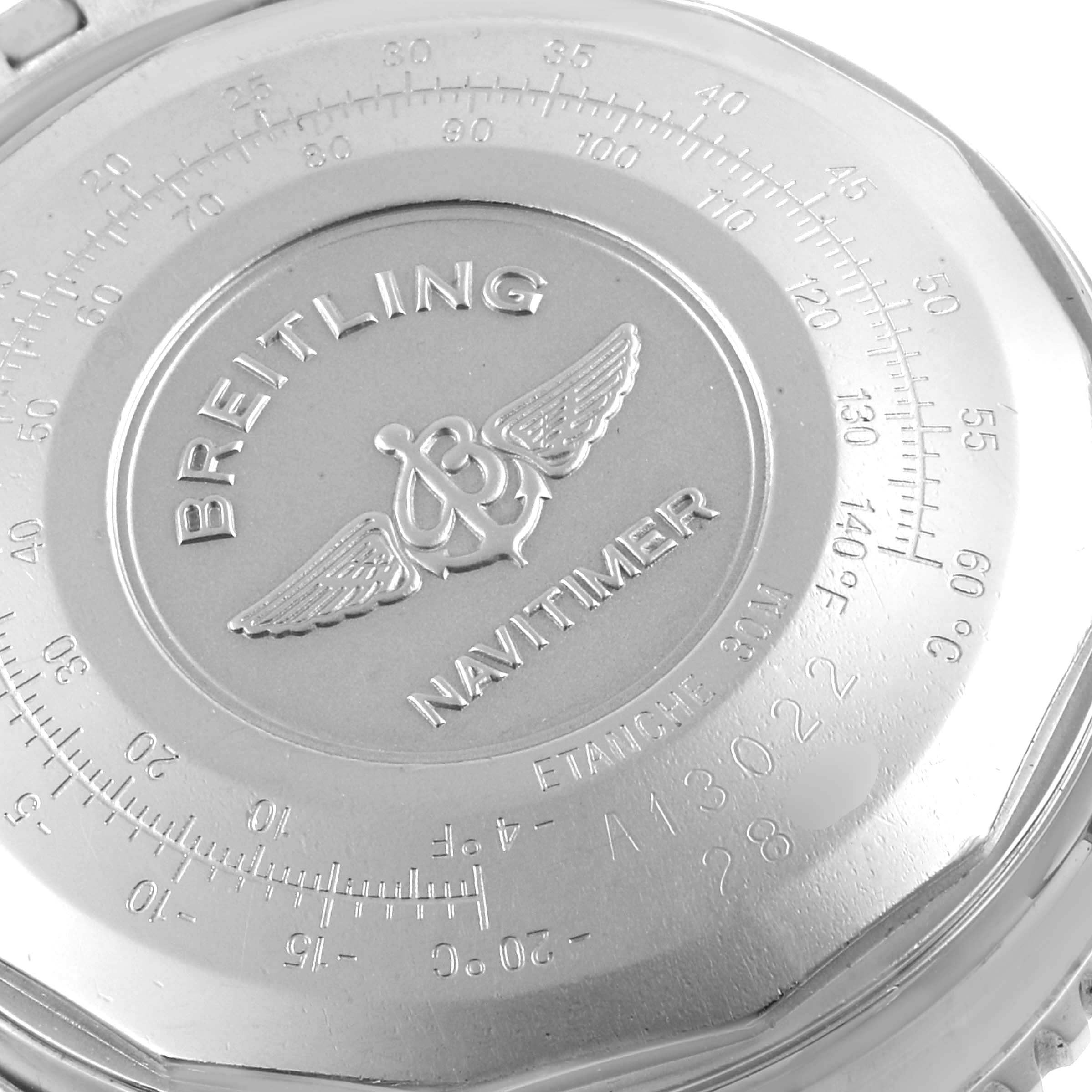 The image shows the case back of a Breitling Navitimer A13022 Men
s Stainless Steel Blue Dial A13022 Men
s Stainless Steel Blue Dial watch, featuring the brand logo and various engravings.