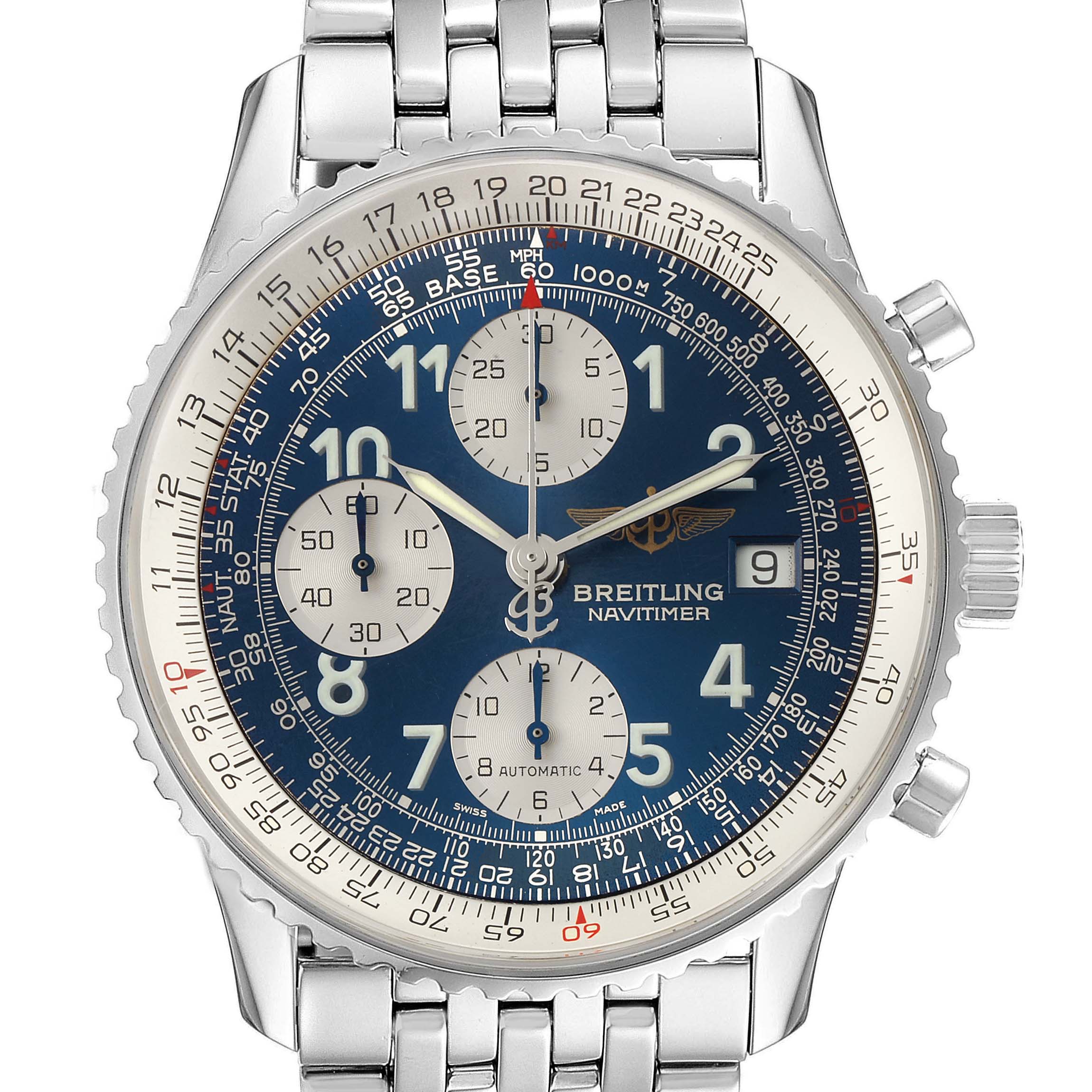 The image shows a top-down view of a Breitling Navitimer A13022 Men
s Stainless Steel Blue Dial A13022 Men
s Stainless Steel Blue Dial watch, displaying its blue dial, chronograph subdials, and metallic bracelet.