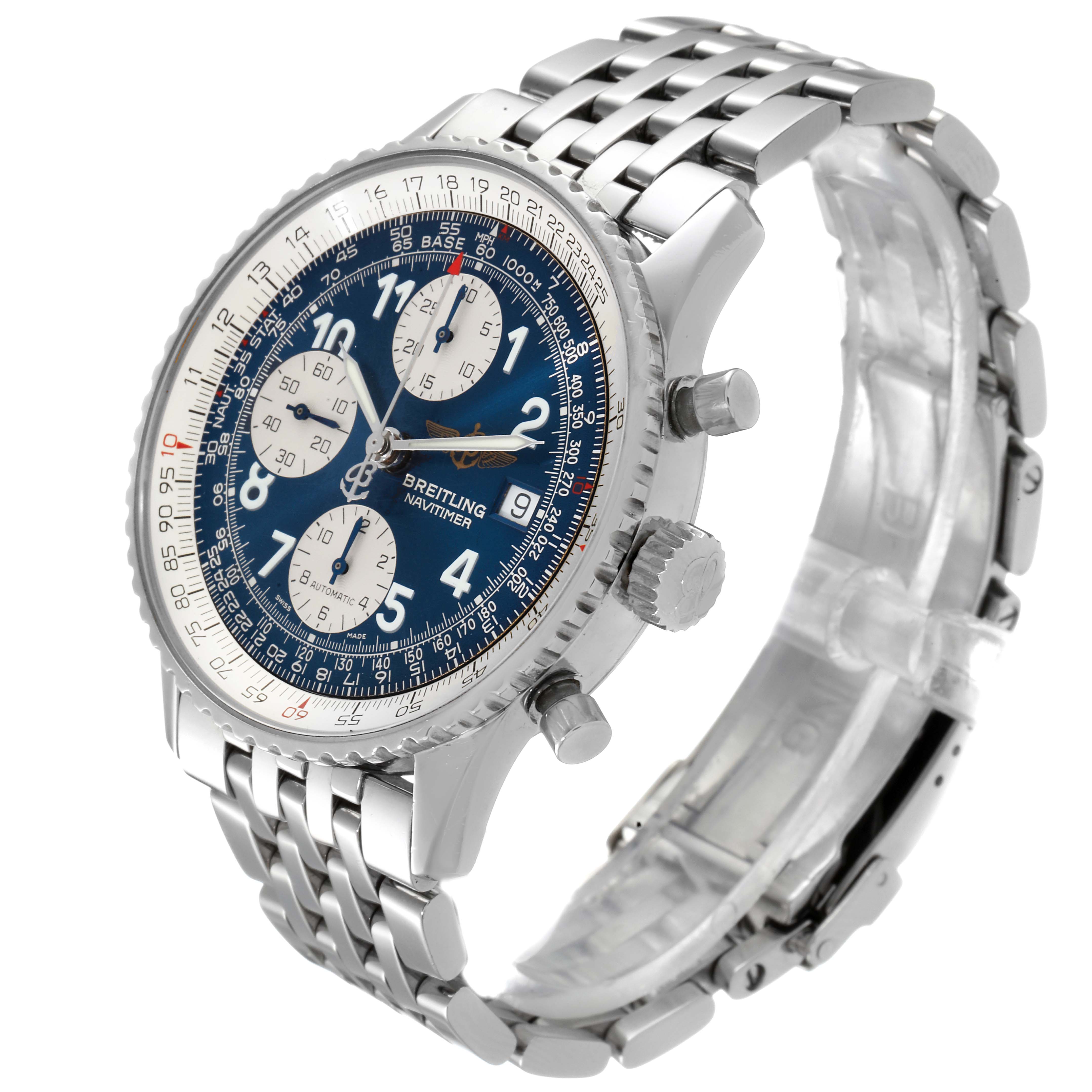 The Breitling Navitimer A13022 Men
s Stainless Steel Blue Dial A13022 Men
s Stainless Steel Blue Dial watch is shown at a slight angle, displaying its metallic bracelet, crown, pushers, and blue dial with subdials.